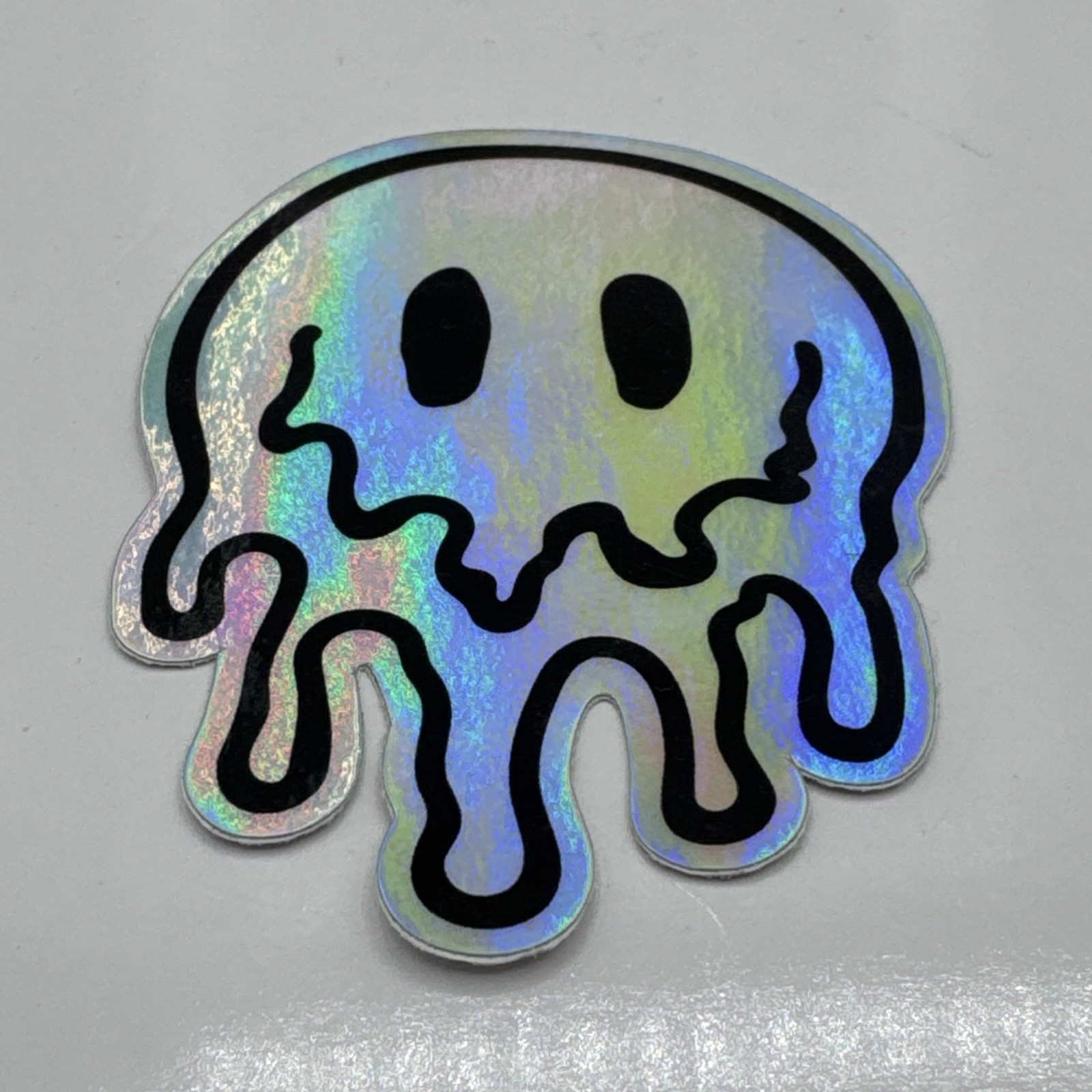 Melting Trippy Smiley Face Sticker Glossy Holographic Laminate Accessory 3.5" In