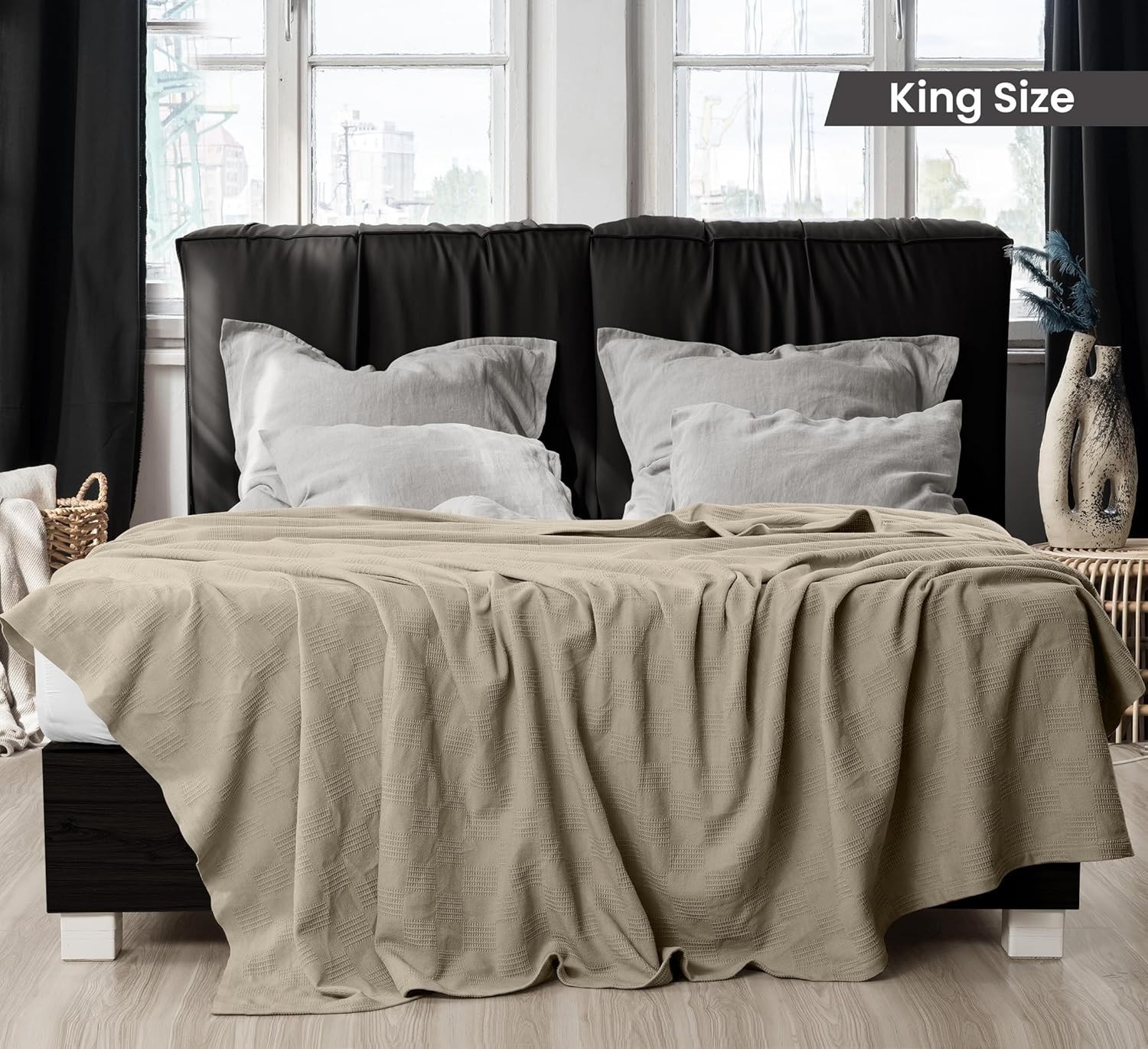 Khaki 100% Cotton Blanket [King Size – 90×108 Inch] 350GSM Lightweight, Soft …