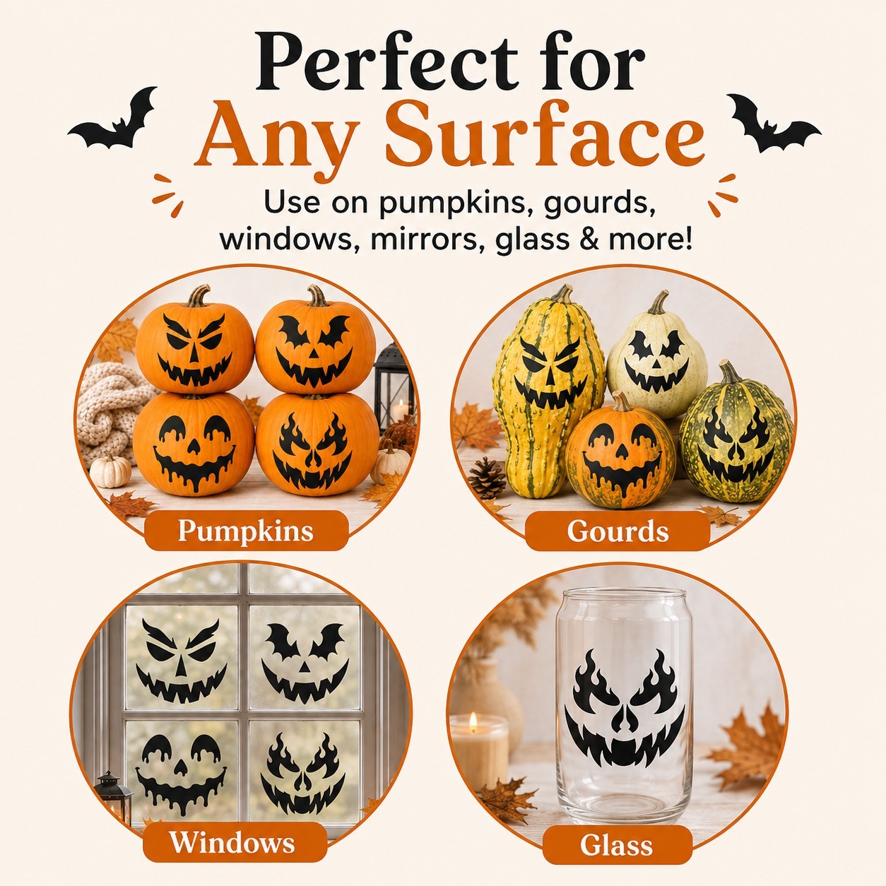 Halloween Pumpkin Face Sticker Set | 4 Reusable Jack-O'-Lantern Vinyl Decals