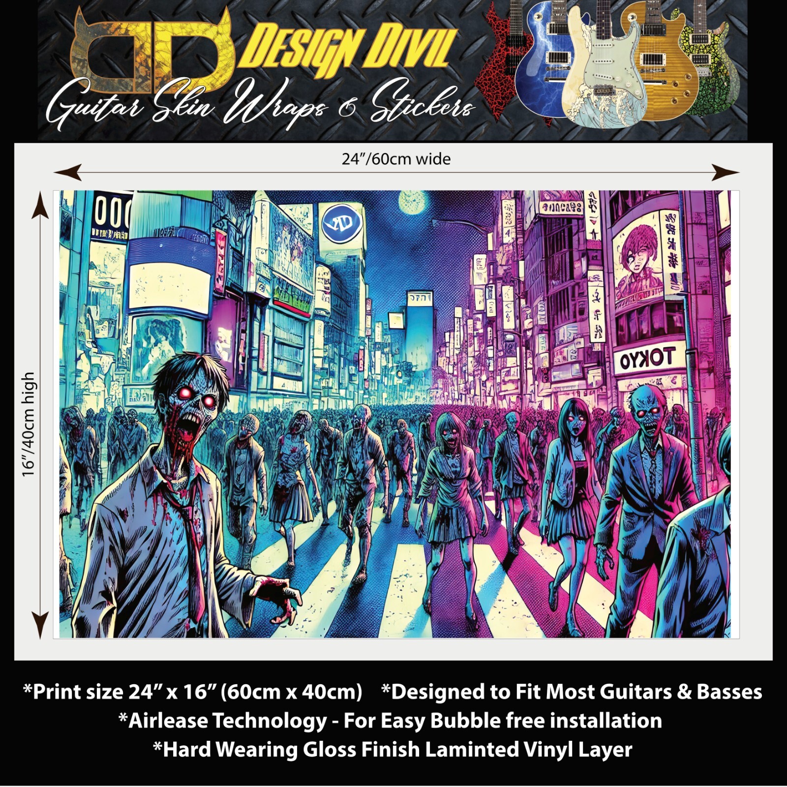Guitar or Bass Custom Skin Wrap 'Tokyo Zombie Horde' Manga Style Printed Graphic