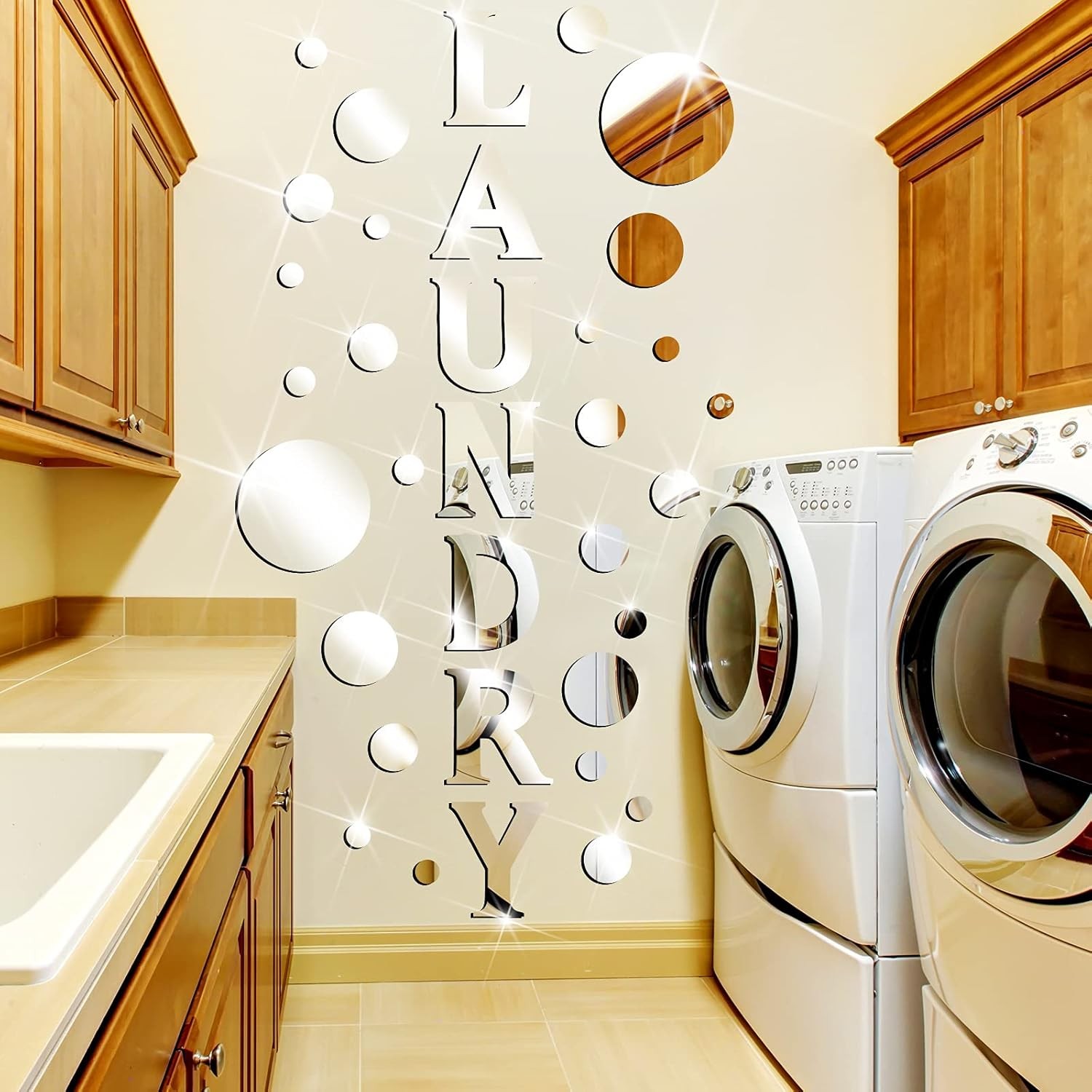 Zonon Laundry Room Mirror Decal Silver 3D Acrylic Wall Stickers