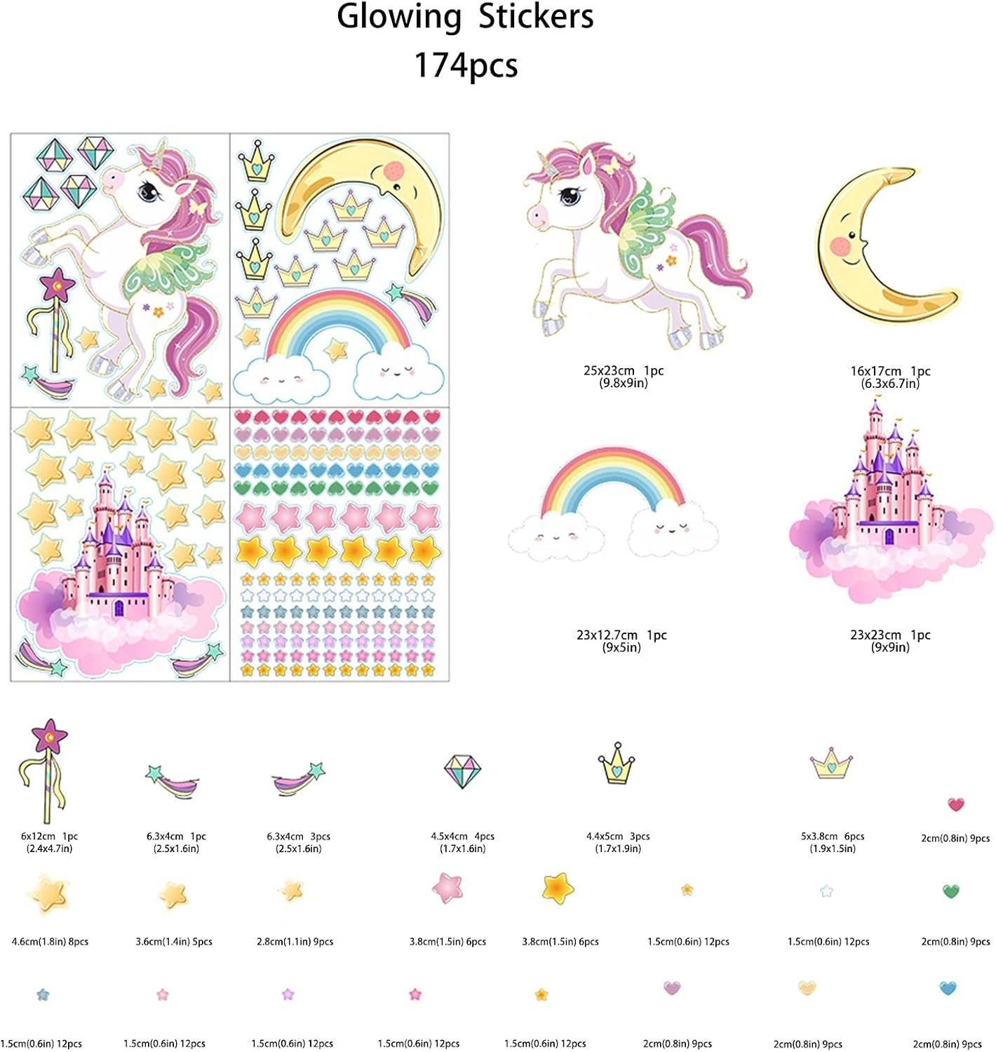 Glow in The Dark Wall Decals 174 Pcs Unicorn Stars Moon Rainbow Luminous Kids