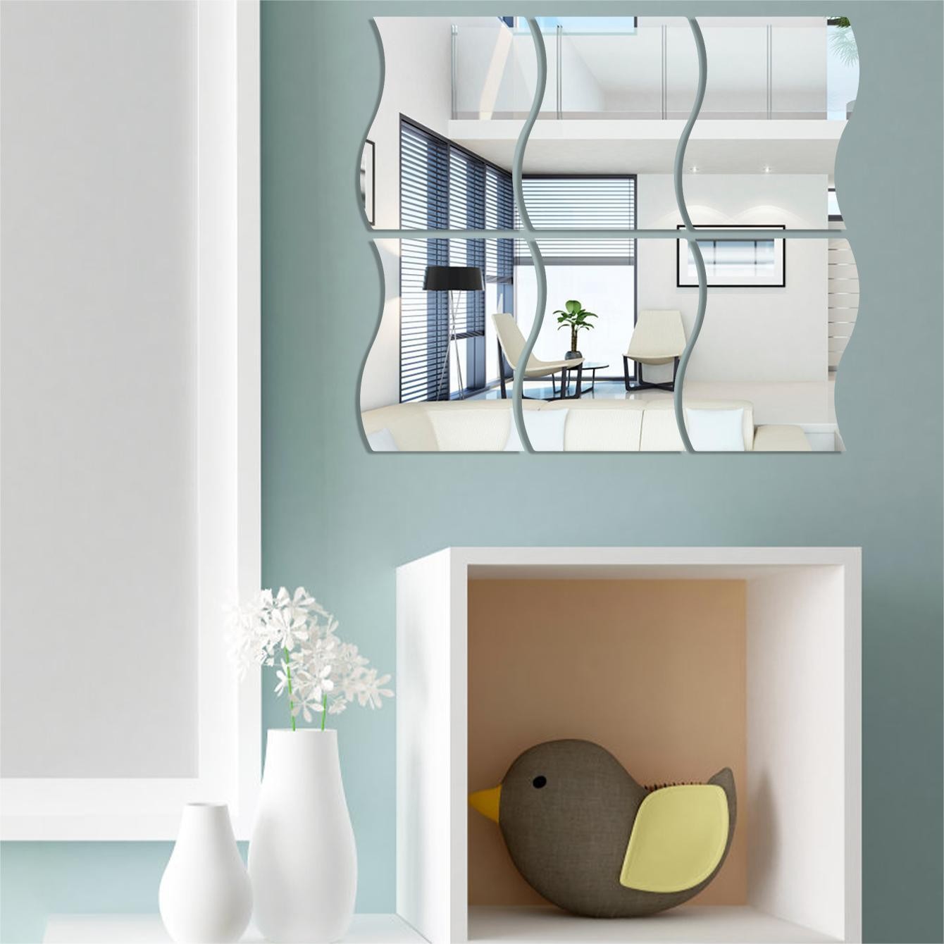 6Pcs/Set Self Adhesive Wavy Mirror Tiles Splicing Full Body Mirror Wall Ornament