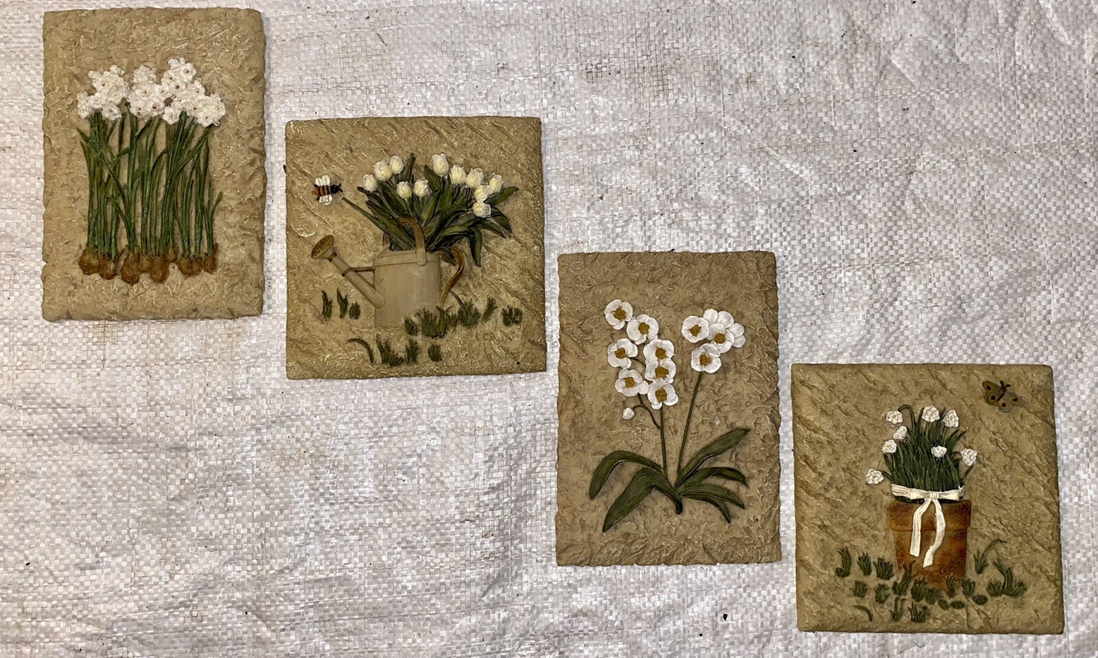 SET OF 4 SCULPTURED CERAMIC FLOWER GARDEN WALL DECOR PLAQUES