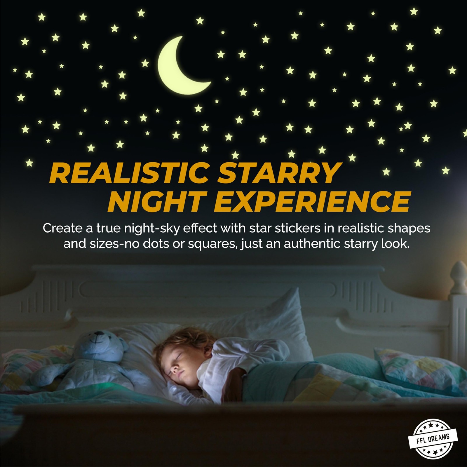 FFL DREAMS Glow in The Dark Stars and Moon, Realistic No Dots Green