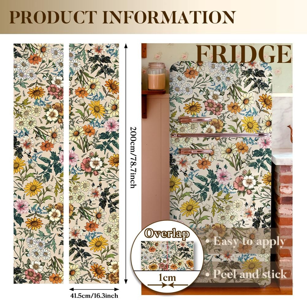 GOMAKERER 2 Pcs Retro Flower Removable Refrigerator Wraps, Self-Adhesive Frid…
