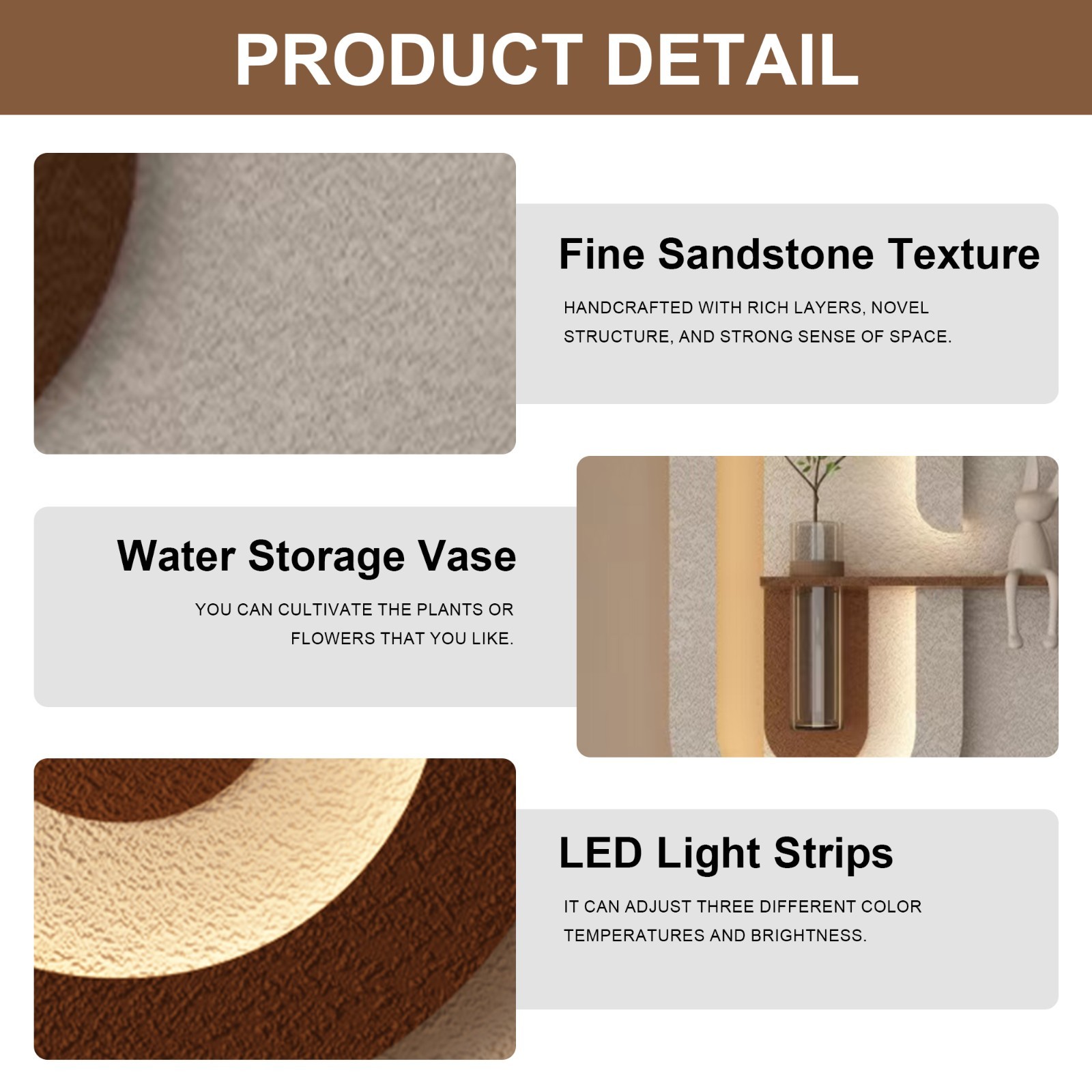 3-Color LED Sandstone Wall Art with Plants, Vase & Rabbit Statue, Remote Light