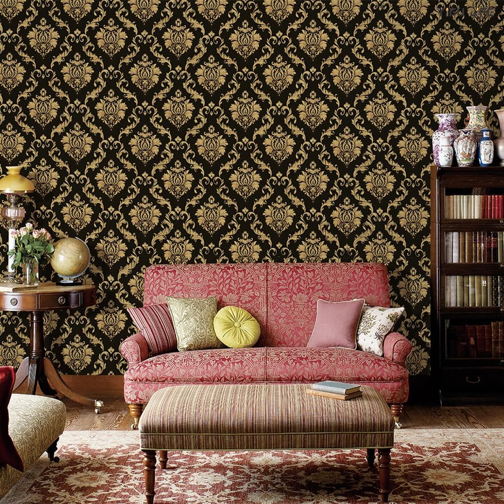 Peel and Stick Damask Wallpaper 17.7"×32.8ft Brown/Black Decorative Wall Cove…