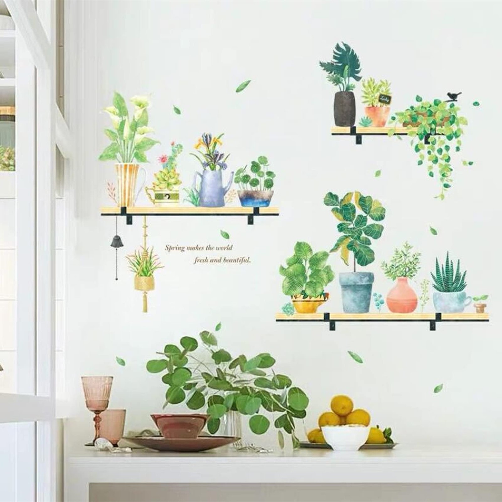 42.9" x 40.2" Shelves Nature Green Potted Tropical Plants Leaves PVC Wall S…