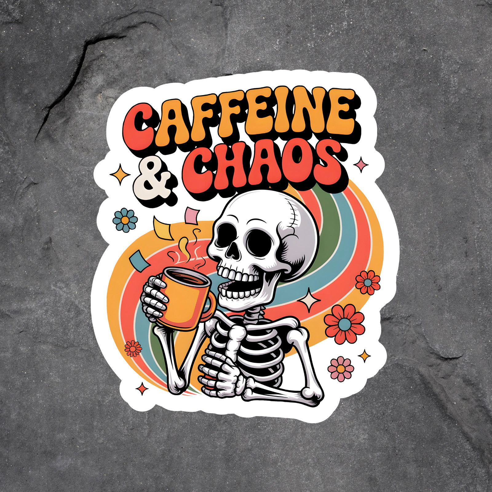 Skeleton sticker vinyl decal caffeine chaos rainbow retro coffee cup design