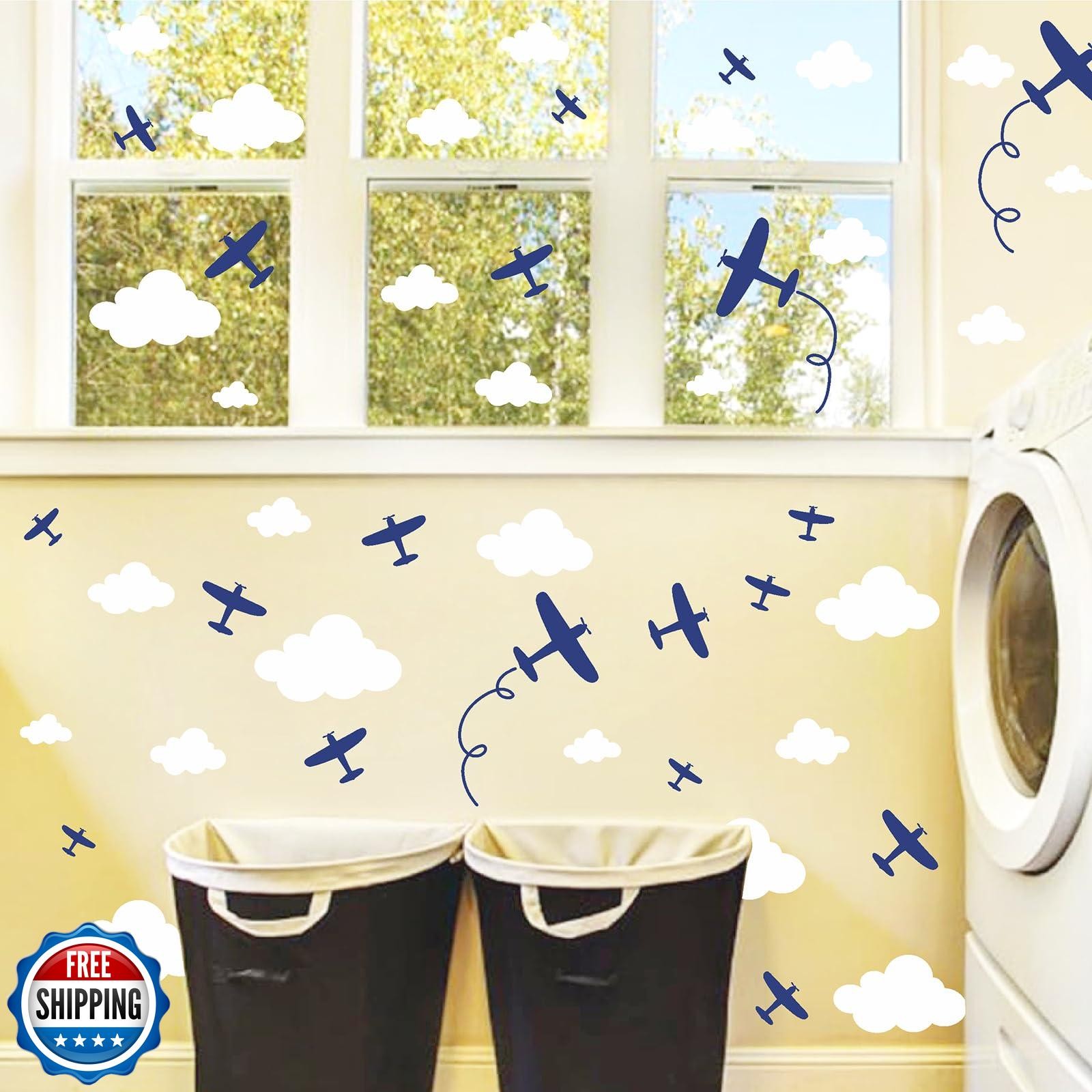 Airplane Wall Stickers Aircraft Plane Wall Decals Peel and Stick White Cloud