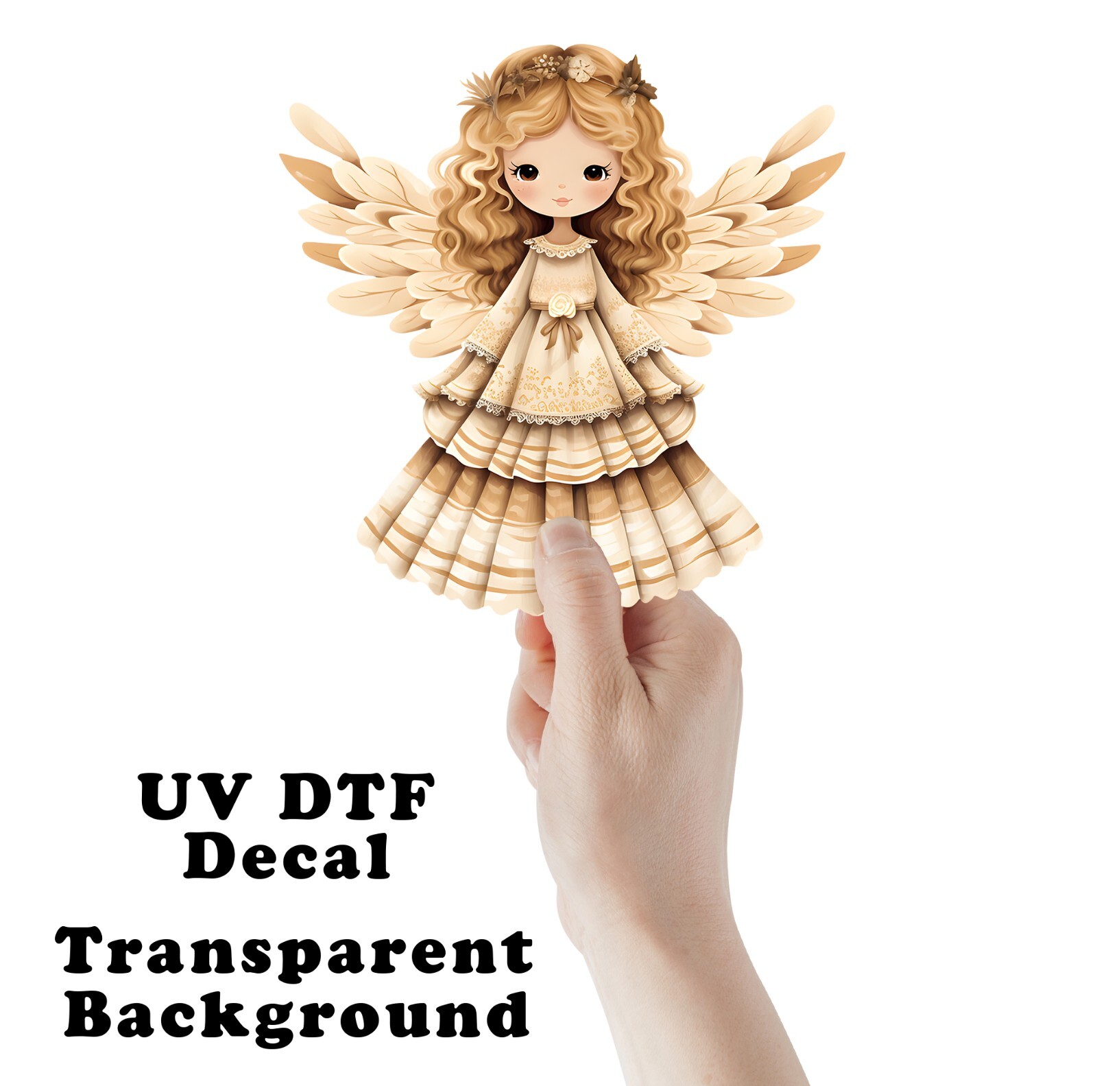 Neutral Christmas Folk Art Angel UV DTF Sticker Transparent Decal