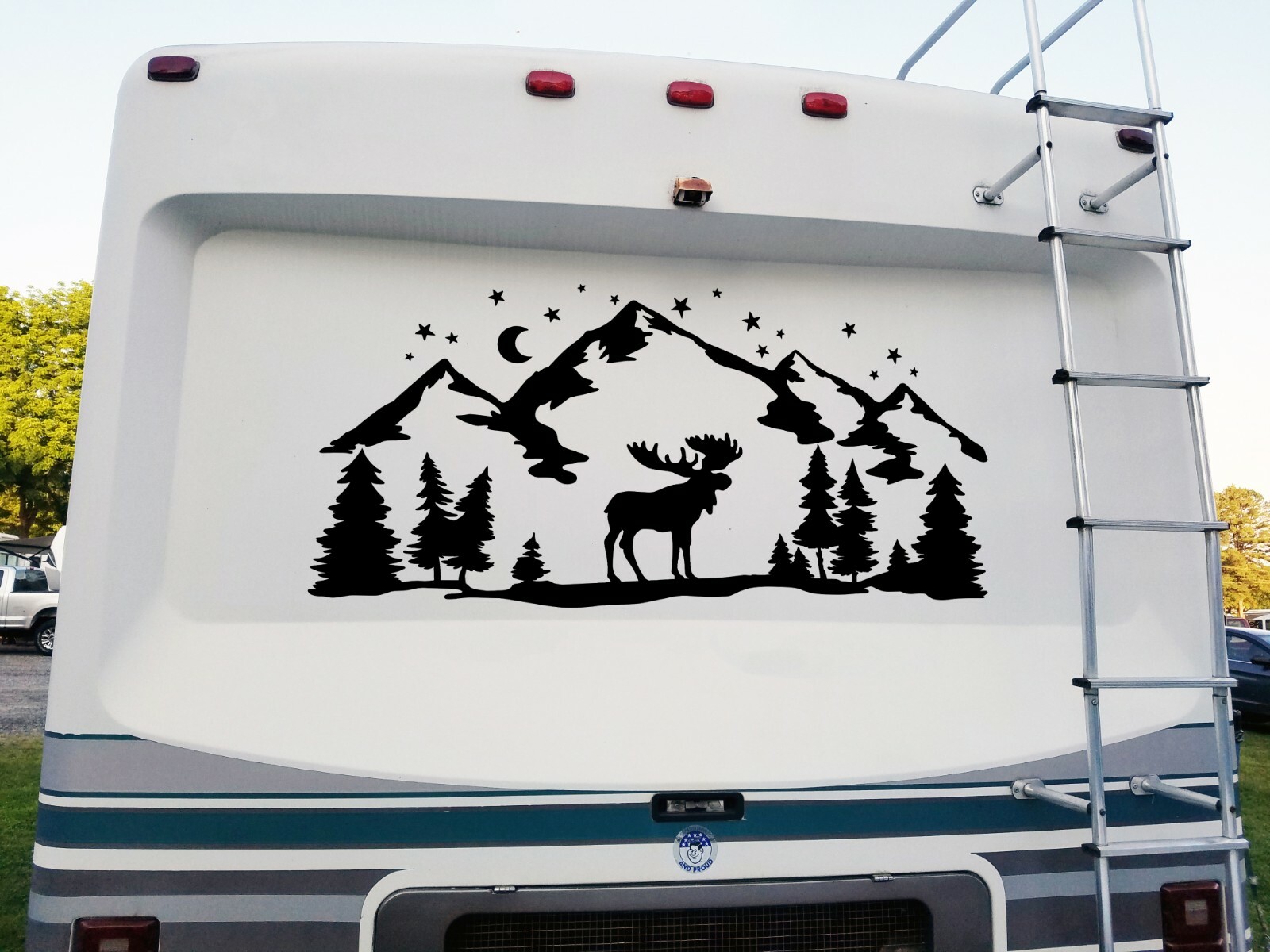 Moose Mountains Forest Moon Scene – RV Camper Graphics – Die Cut Sticker