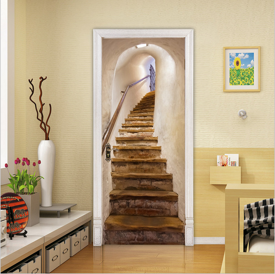 3D Wall Art Basement Retro Stair Door Sticker PVC Decal Self-adhesive Wrap Mural