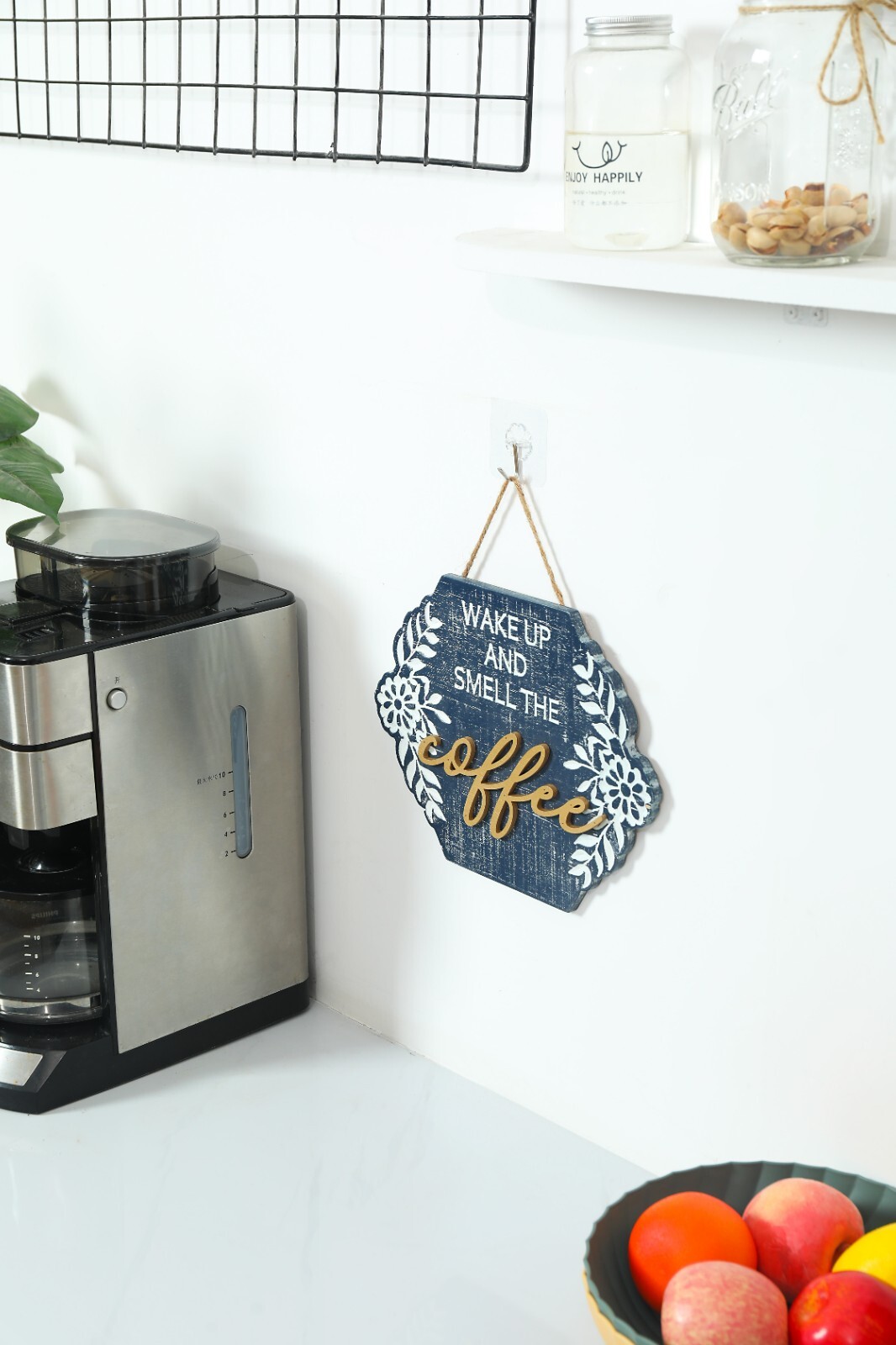 Rustic Wood Coffee Signs Decor for Coffee Bar, Hanging Wall Sign with Rope