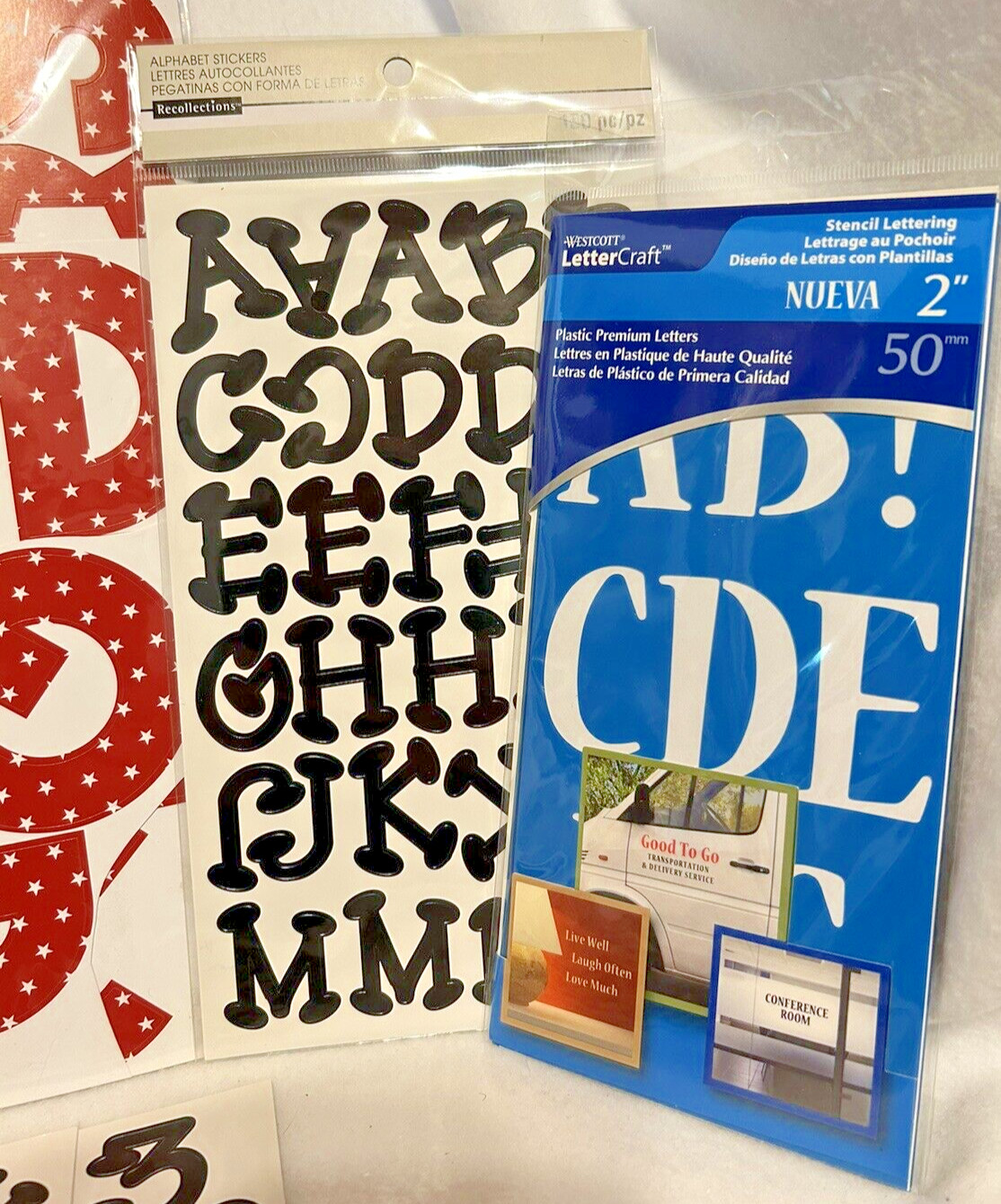 Lot Vinyl Stick On Letters And Numbers Assorted Sizes – Six Packs – See Photos