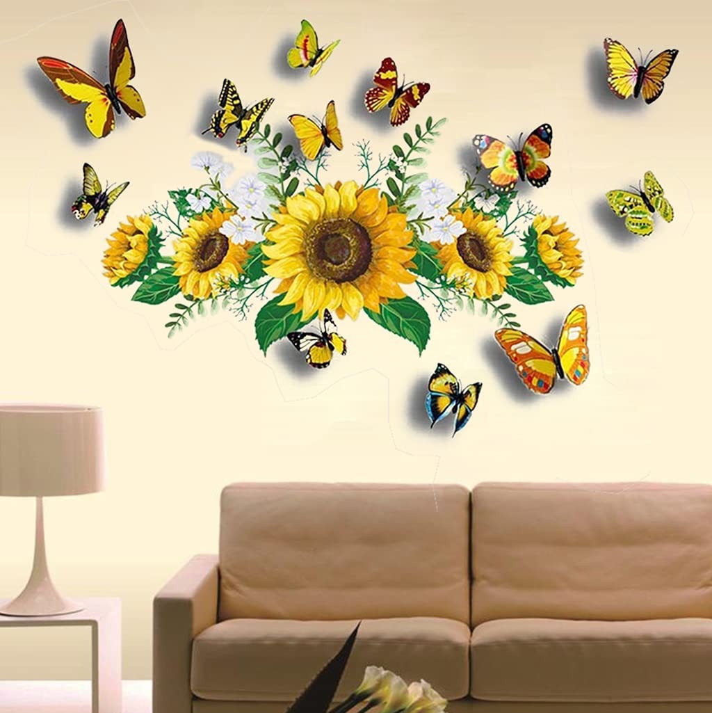 Sunflower Wall Stickers with 3D Butterfly Sticker, Yellow Sunflower-1