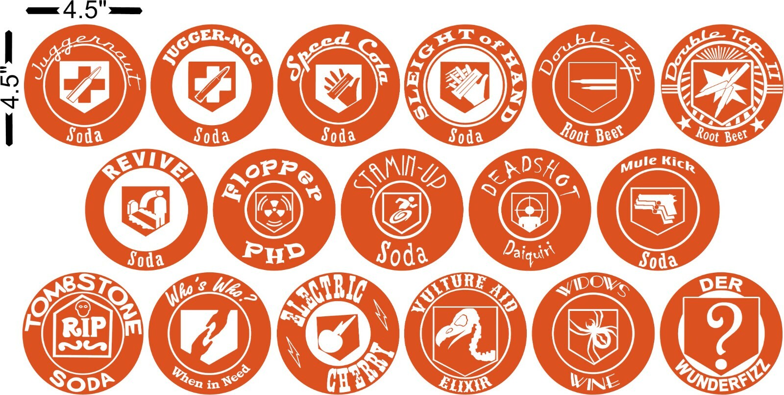 Full Set of 17 Zombie Perk Logo Stickers for Indoor – 4.5 inch Gaming Decals