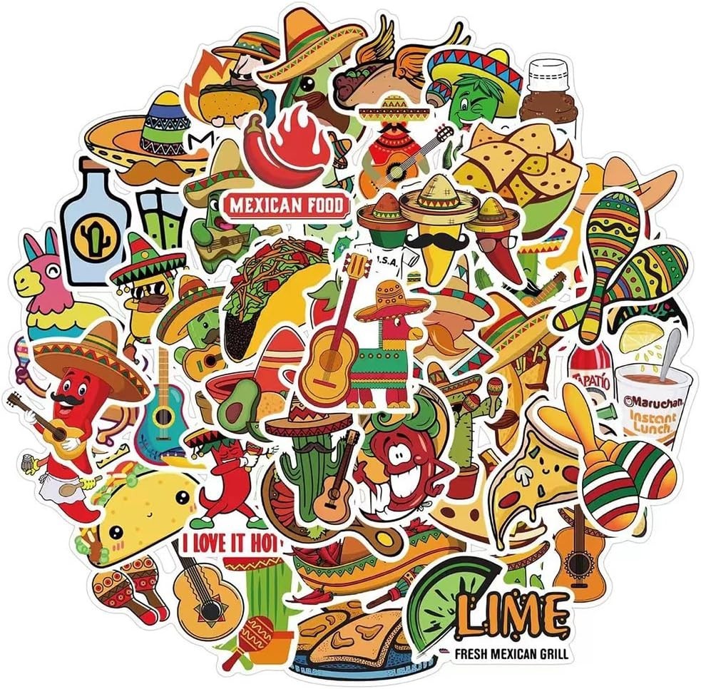 50 Cartoon Taco Stickers – Fun Waterproof Vinyl Decals for Kids & Teens