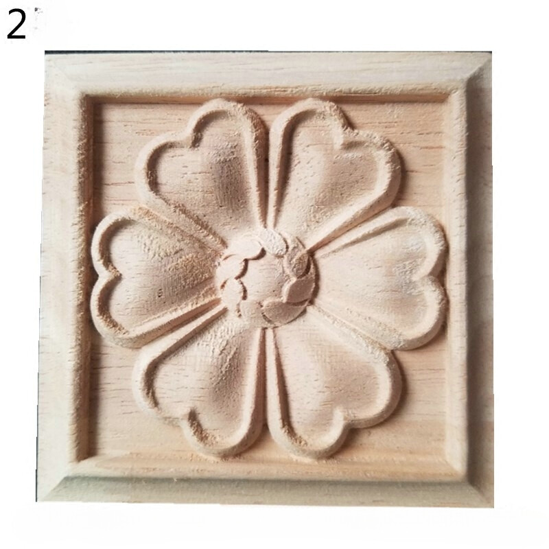 4 pcs Wood Carved Applique Onlay Square Carving Decal Unpainted decal Decor