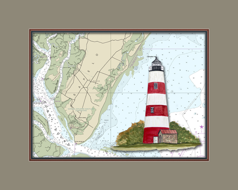 Sapelo Island, GA Lighthouse and Nautical Chart High Quality Canvas Print