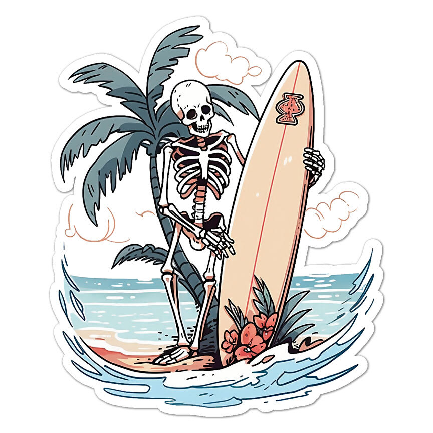 Surf Beach Skeleton Palm, Vinyl Decal Sticker, Indoor Outdoor, 3 Sizes, #9114