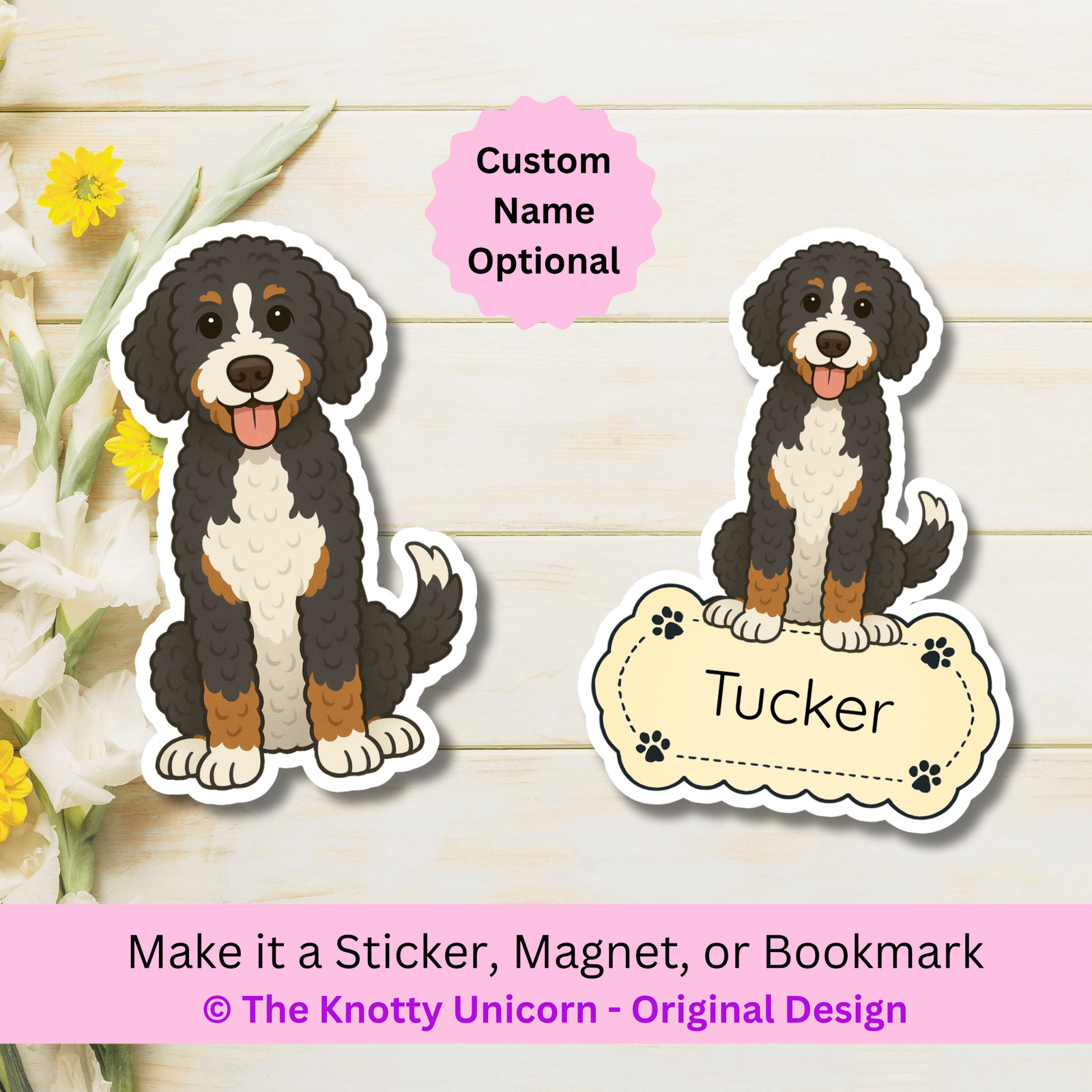 Personalized Bernedoodle Dog Sticker Magnet Bookmark – Tri-color