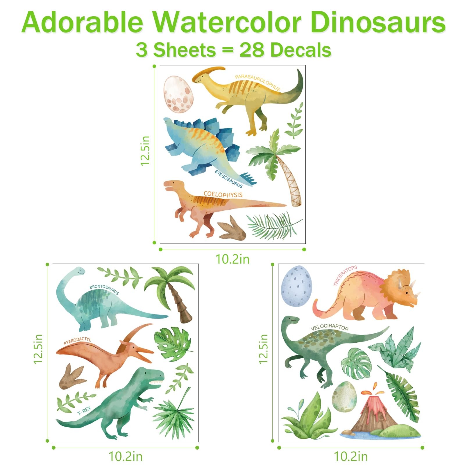 AOWDIAO Watercolor Dinosaur Wall Decals – 28 Pcs Peel and Stick