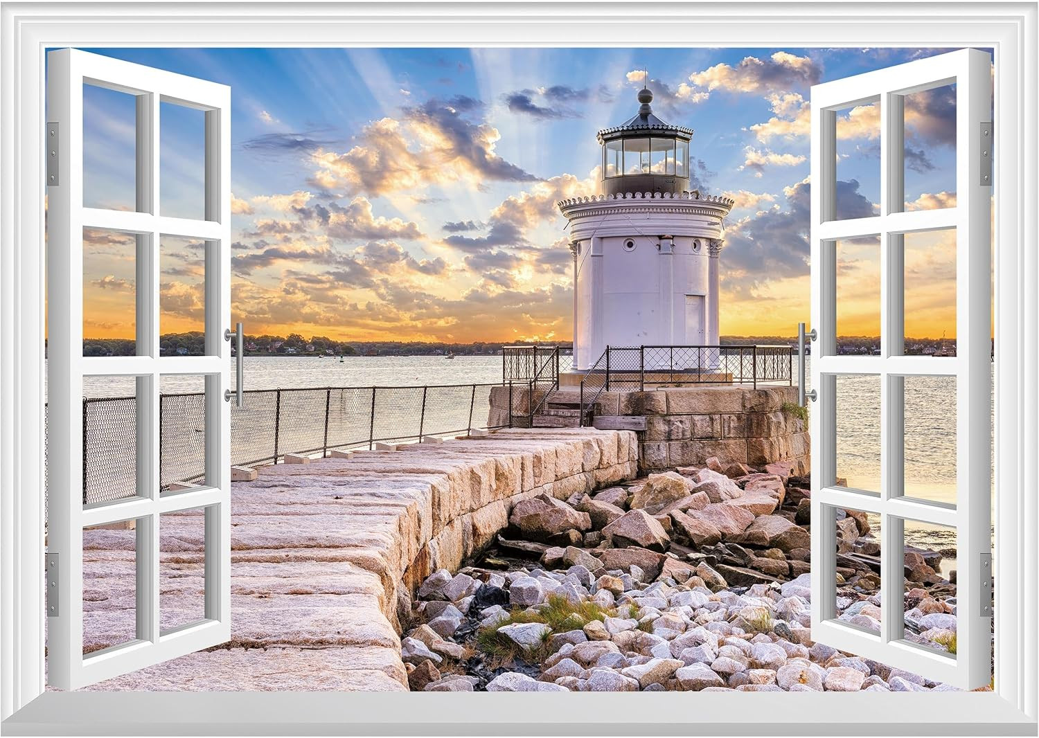 Fake Window Wall Sticker – Shoreline Lighthouse Faux Window Wall Mural for Wall