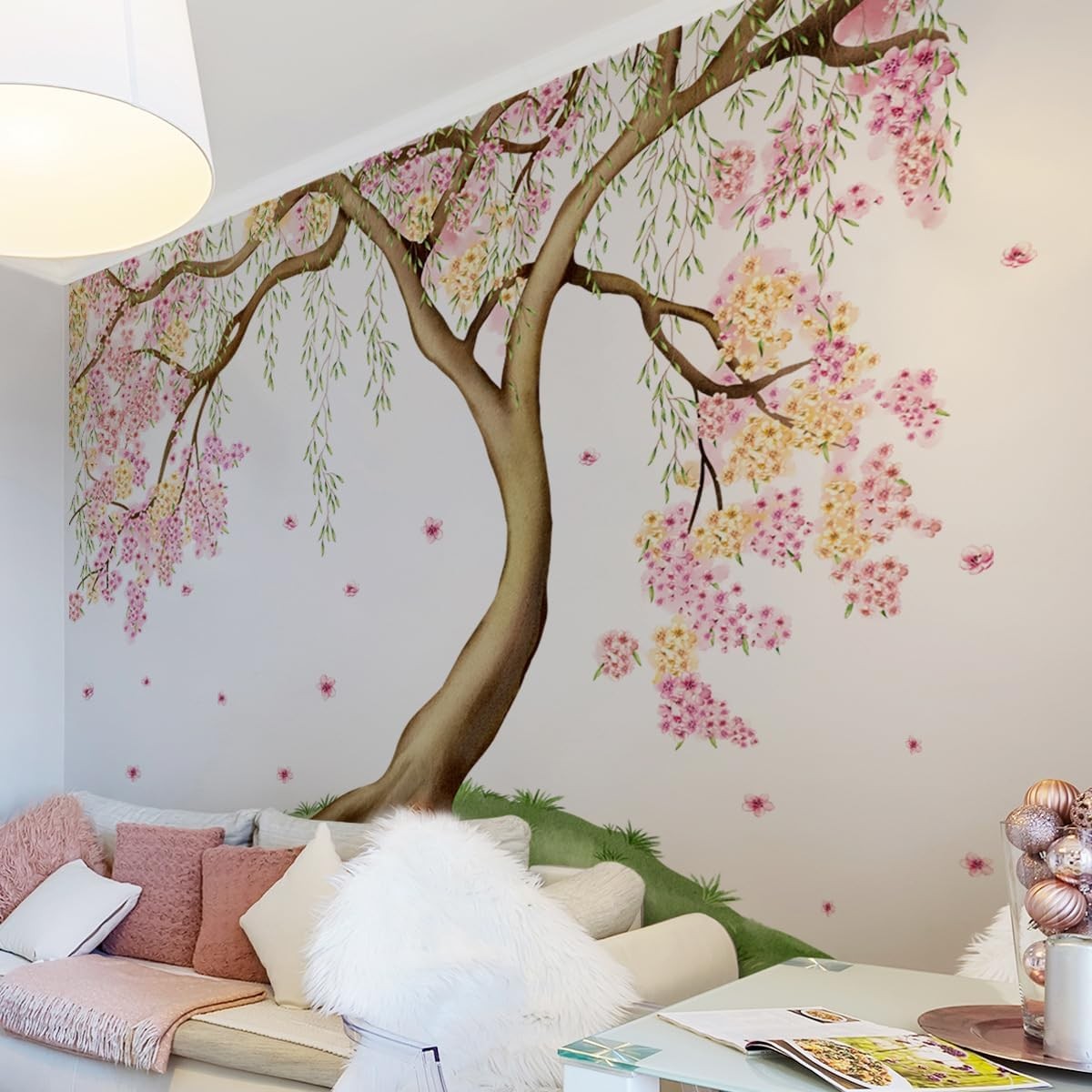 Large Pink and Yellow Cherry Blossom Tree Wall Decals Green Leaves Wall
