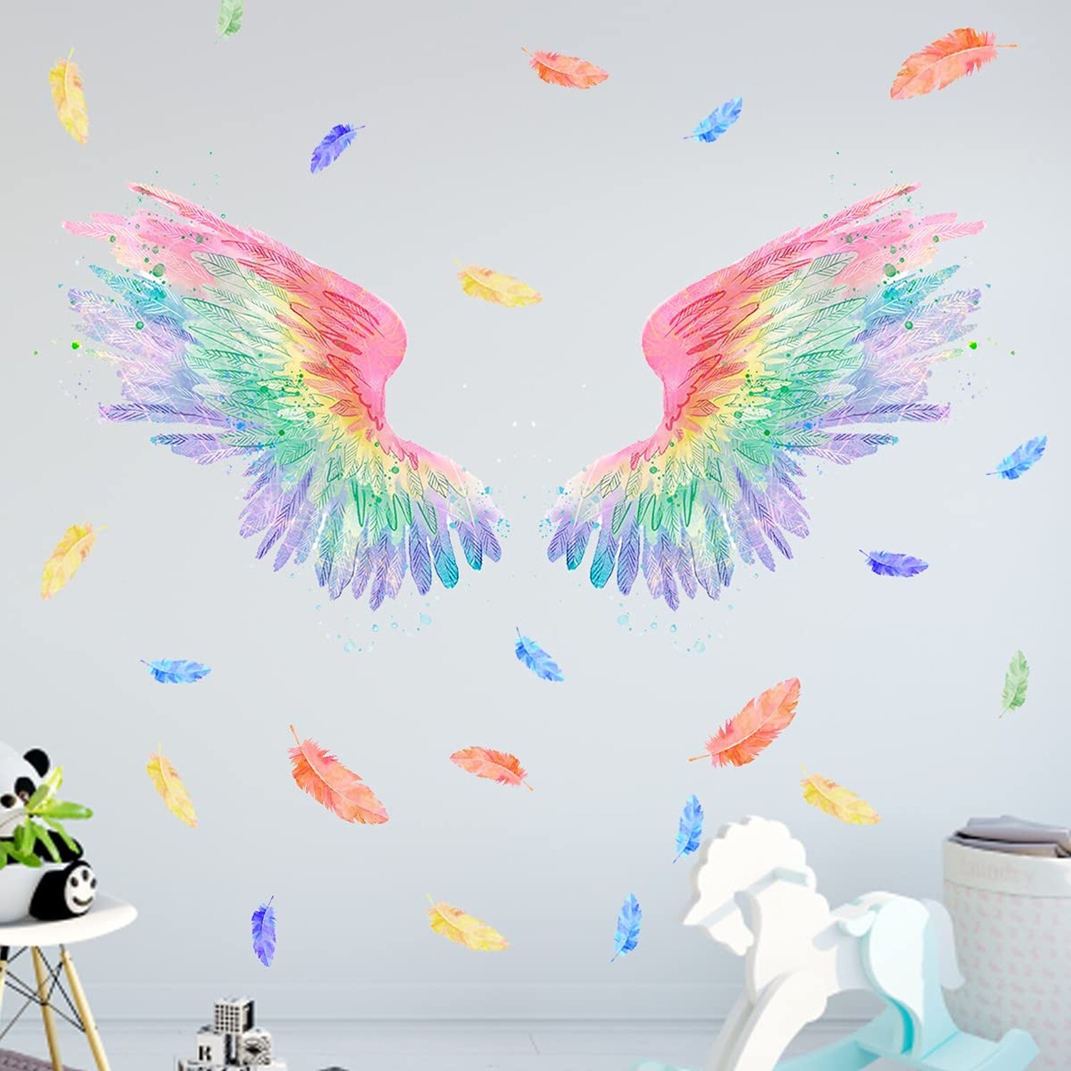 Angel Wings Watercolor Feather Wall Stickers, Multicolor, PVC, Custom Style, …