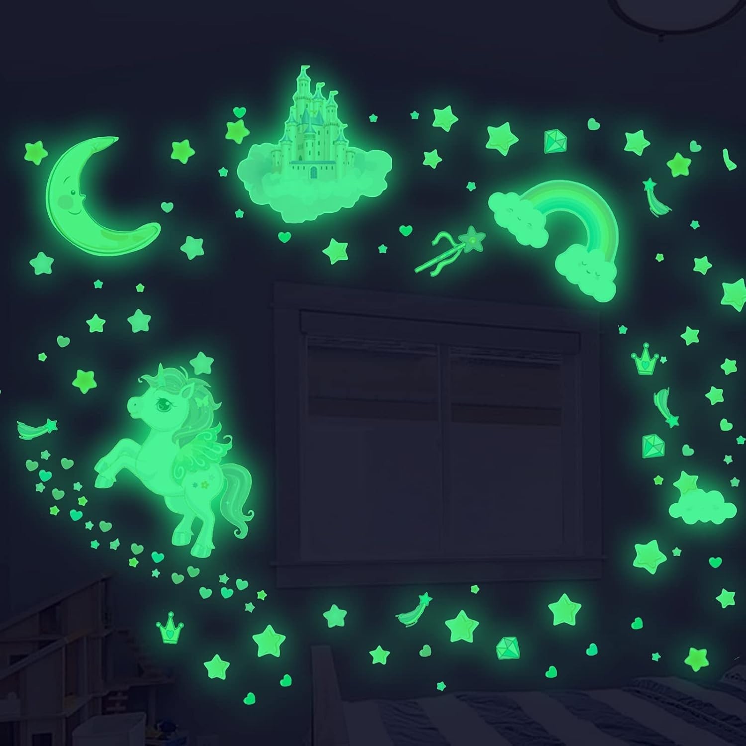 Glow in The Dark Wall Decals 174 Pcs Unicorn Stars Moon Rainbow Luminous Kids