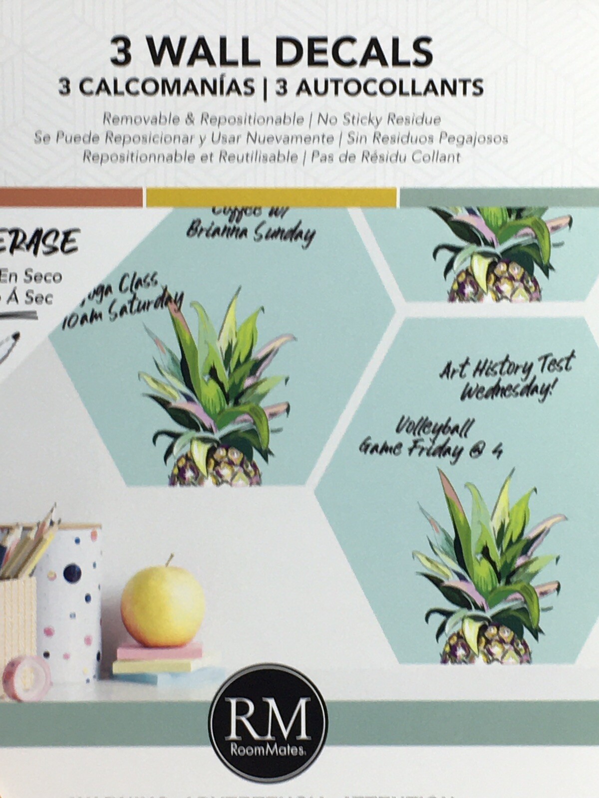 RoomMates Wall Decals Pineapple Crown 3-Pk Dry Erase Hexagon Peel And Stick