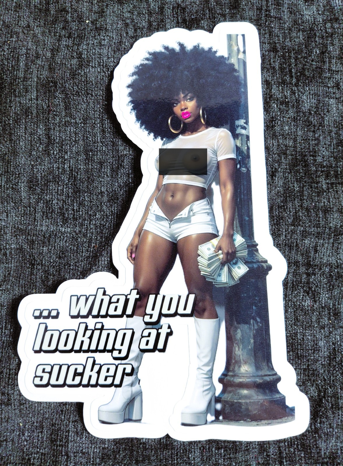Retro 1970s Inspired Sticker – Large Afro Babe with Cash – Laminated -7 1/2 inch