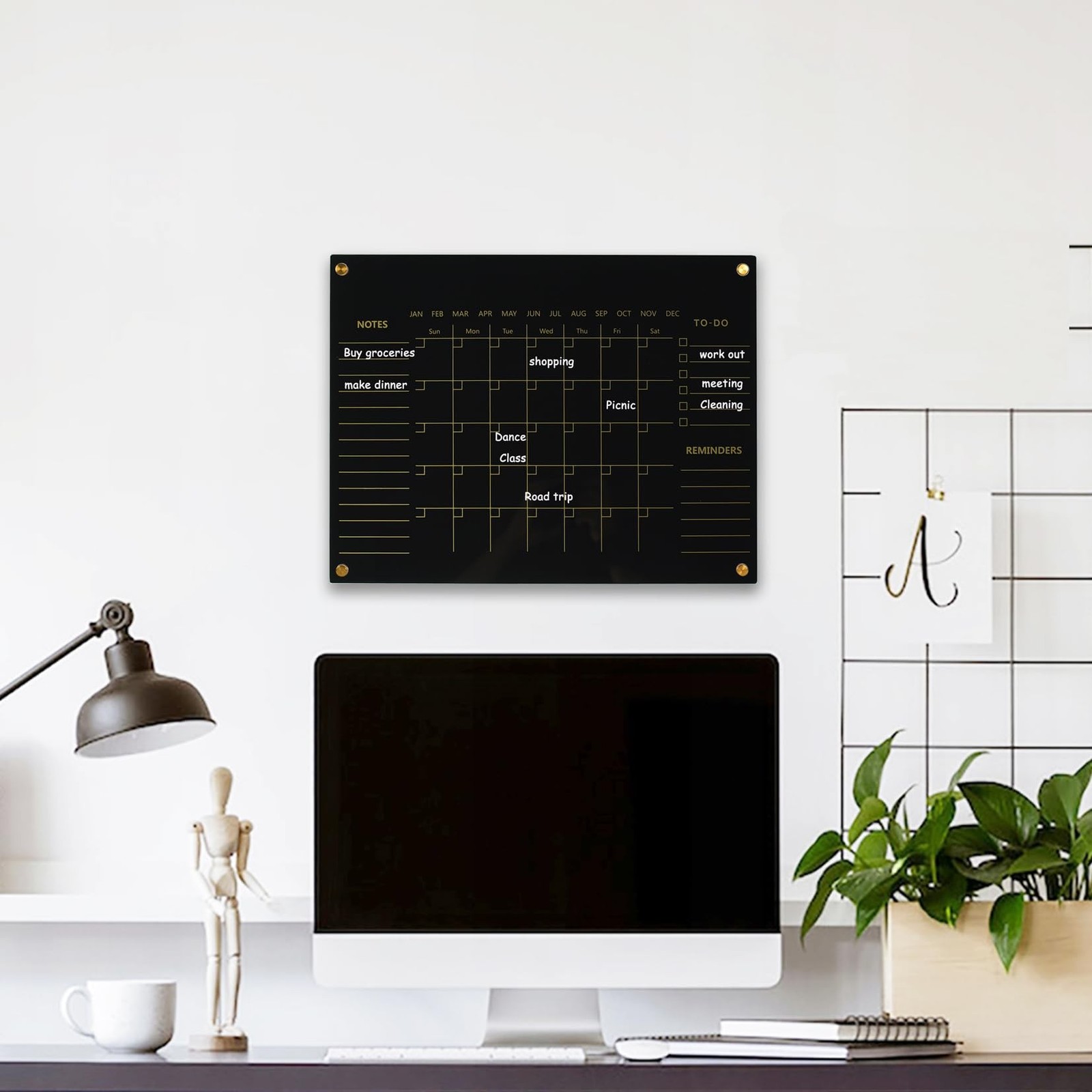 Black Acrylic Calendar Dry Erase for Wall, Family Planner, Monthly Calendar D…
