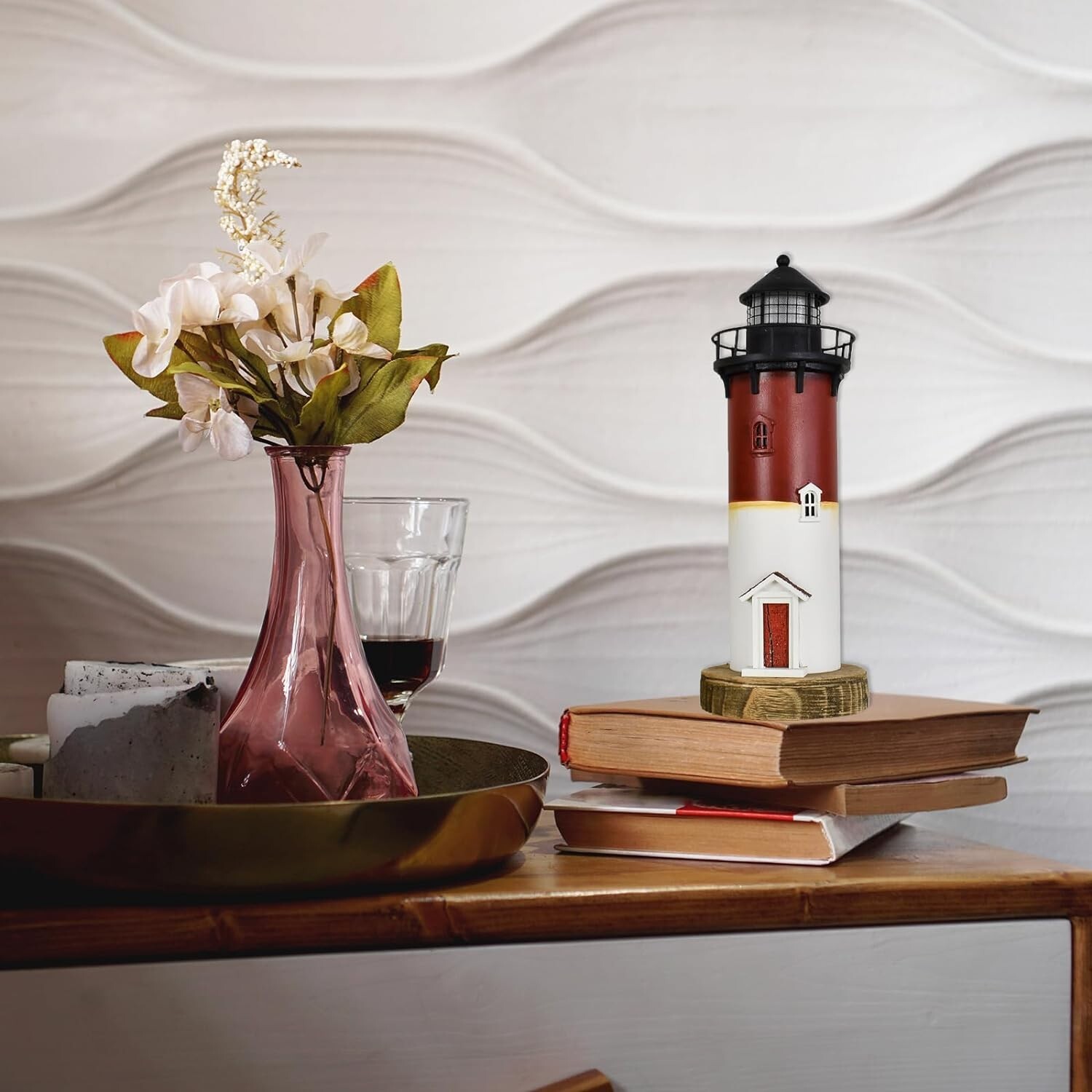 Wooden Lighthouse with Lights Nautical Tabletop Figurine (Red)
