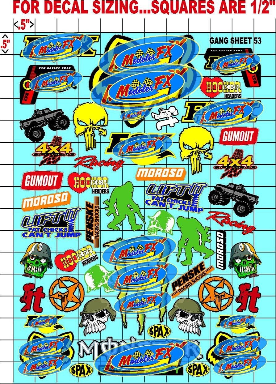 Clear Matte Vinyl Sticker Sheet#53-R/C MODEL Decal fits 1/10-1/16 ScaleFoxRacing