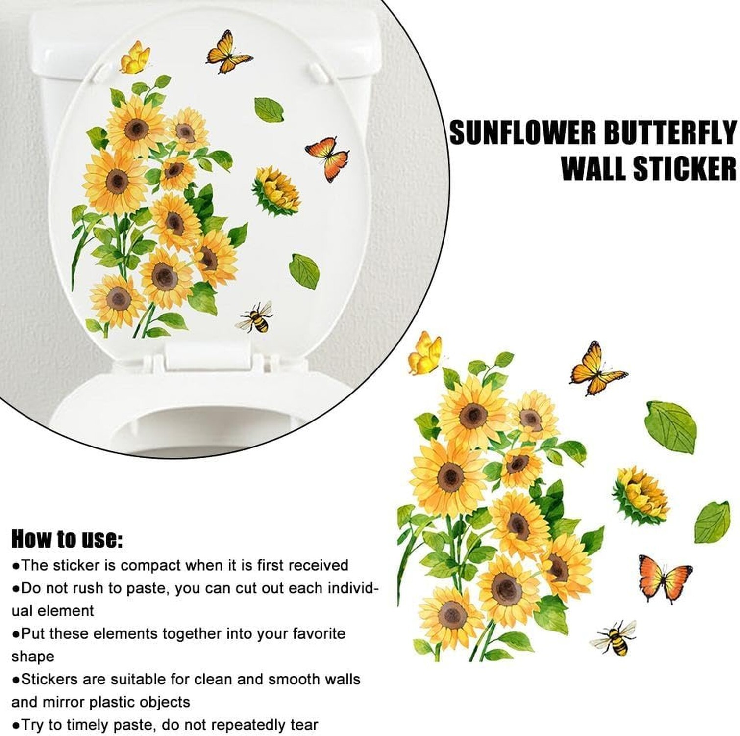 Sunflower Butterfly Bathroom Toilet Sticker Self-Adhesive Waterproof PVC Wall…