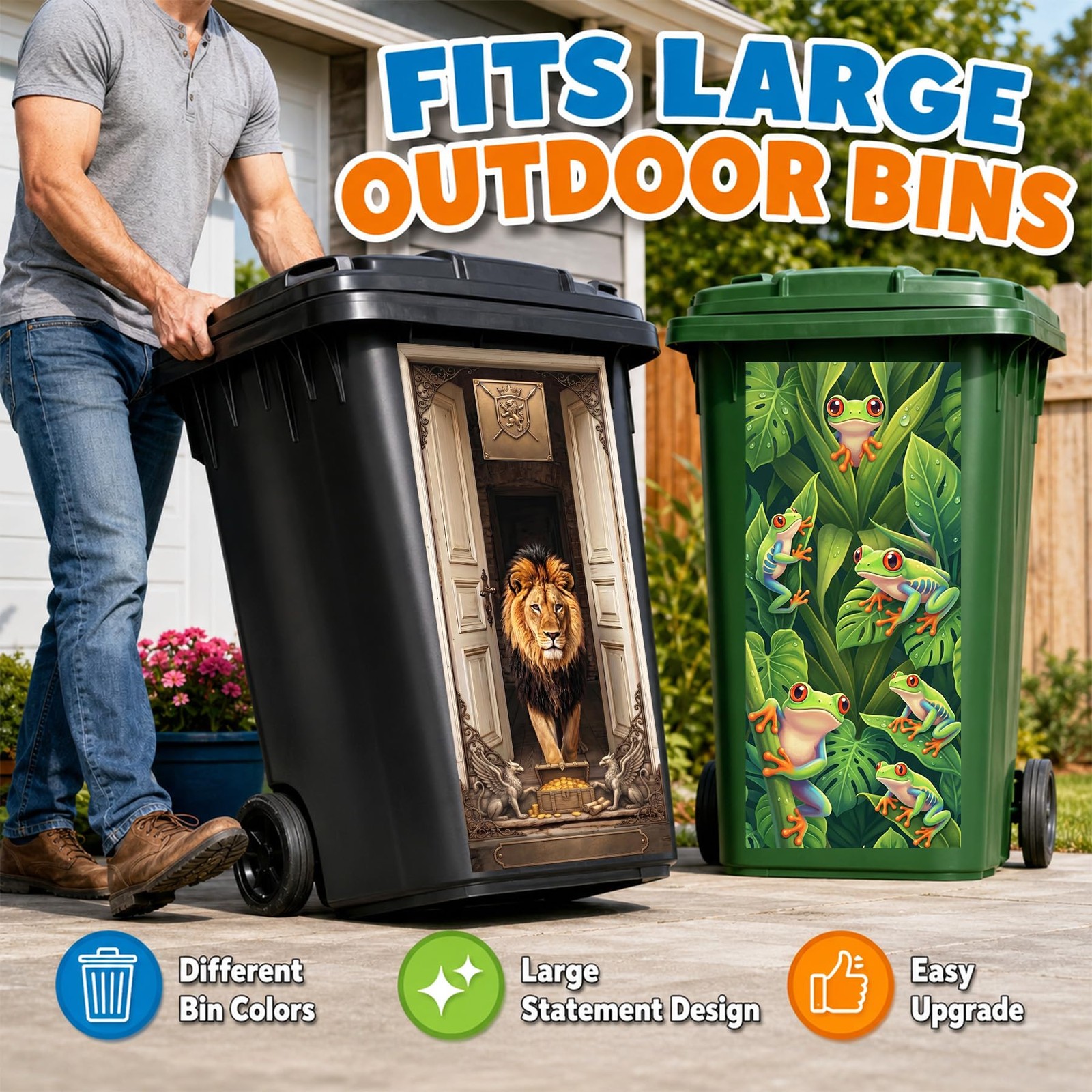 Flower Wheelie Bin Stickers Large Art Garbage Can Decals for Outside