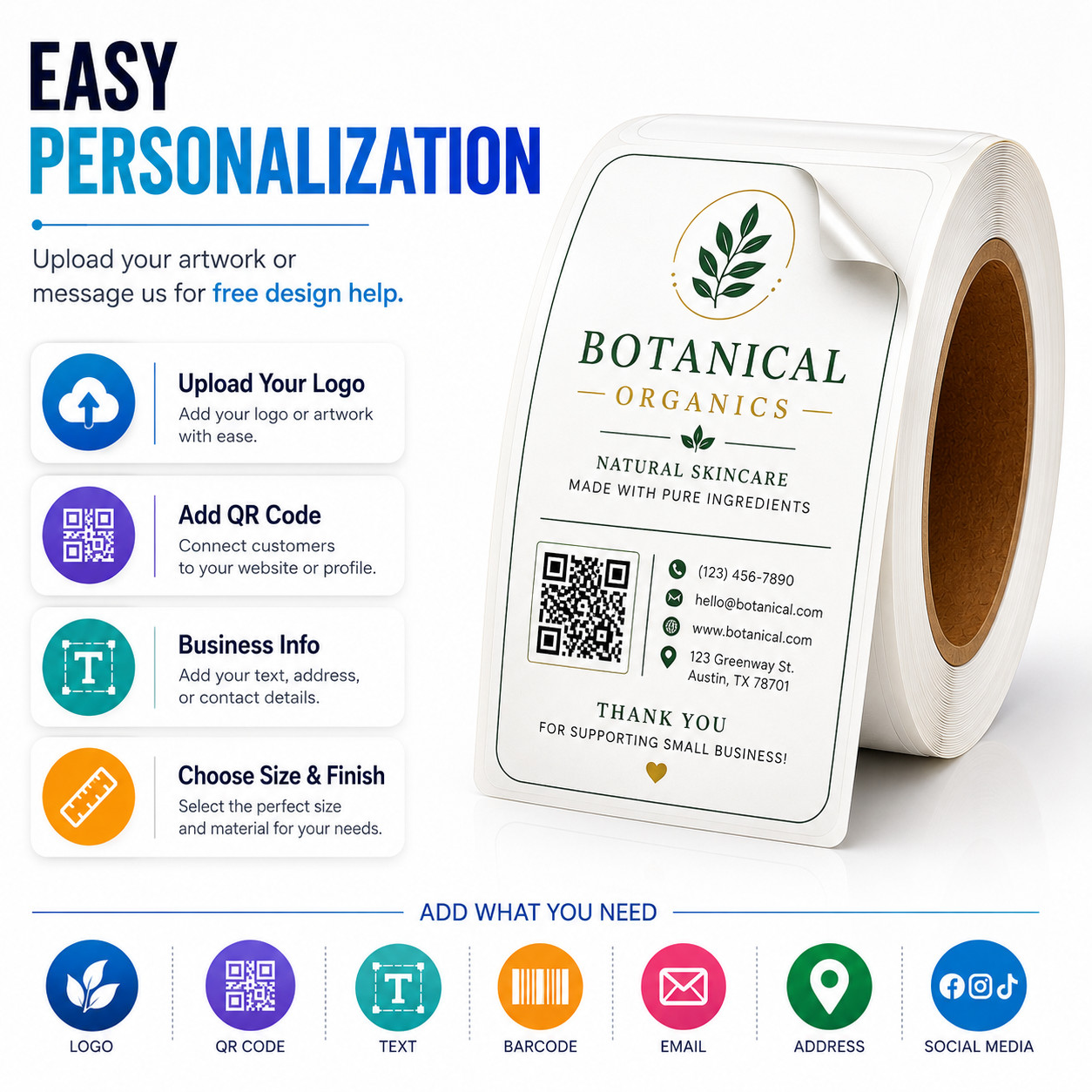 Personalized Roll Labels Rounded Rectangle Stickers for Business Packaging, 250