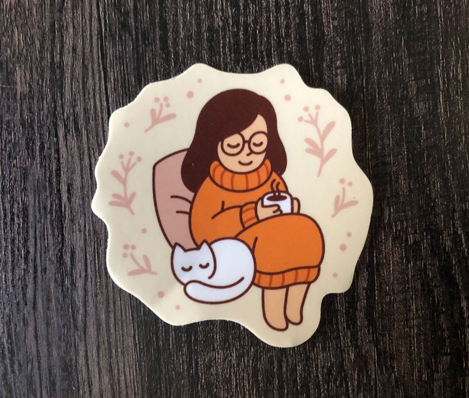 Girl Drinking Coffee Sticker, thermos sticker, laptop sticker, vinyl decal, cat