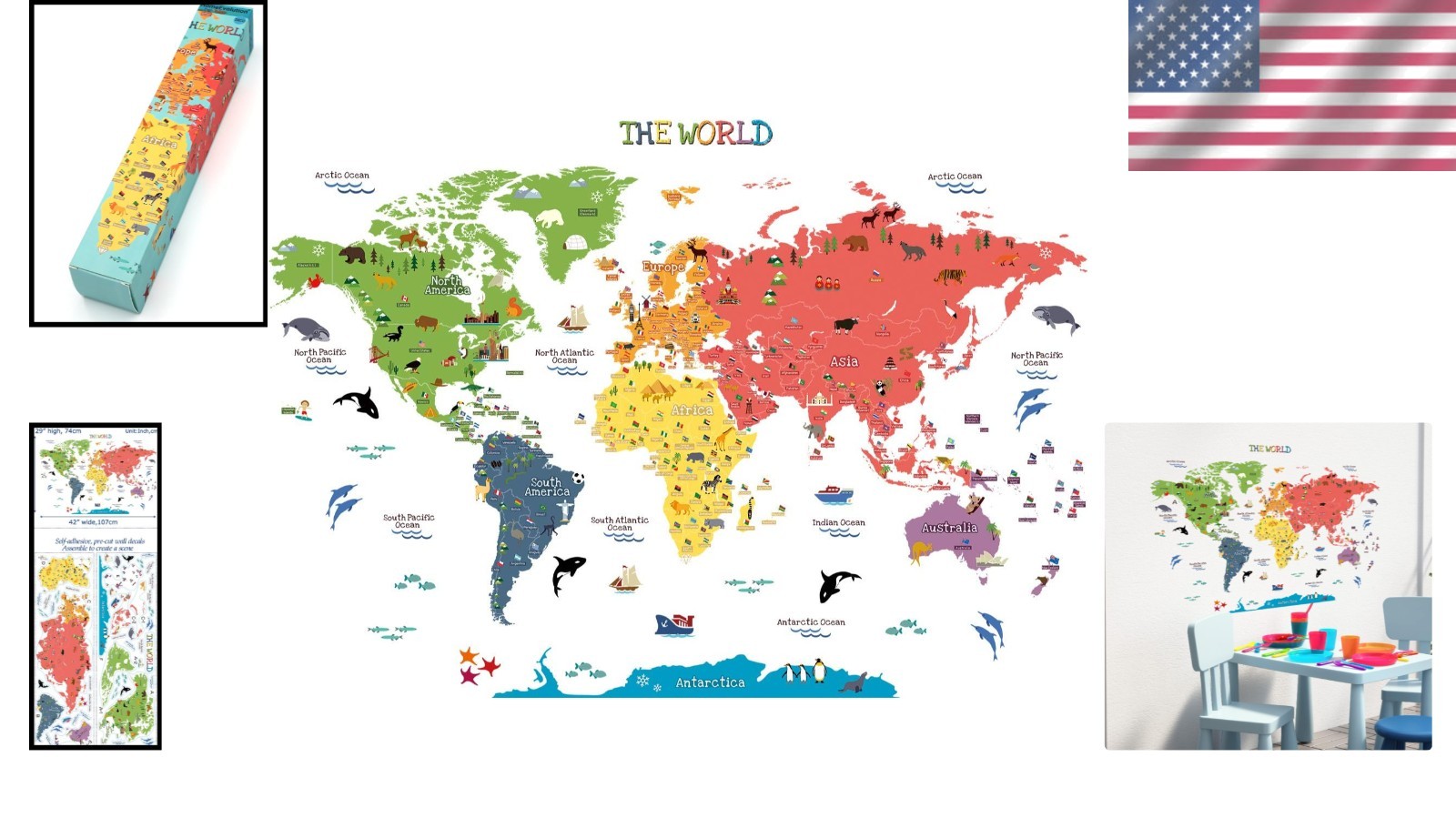 Removable World Map Wall Stickers with Animals – Perfect for Children's Spaces