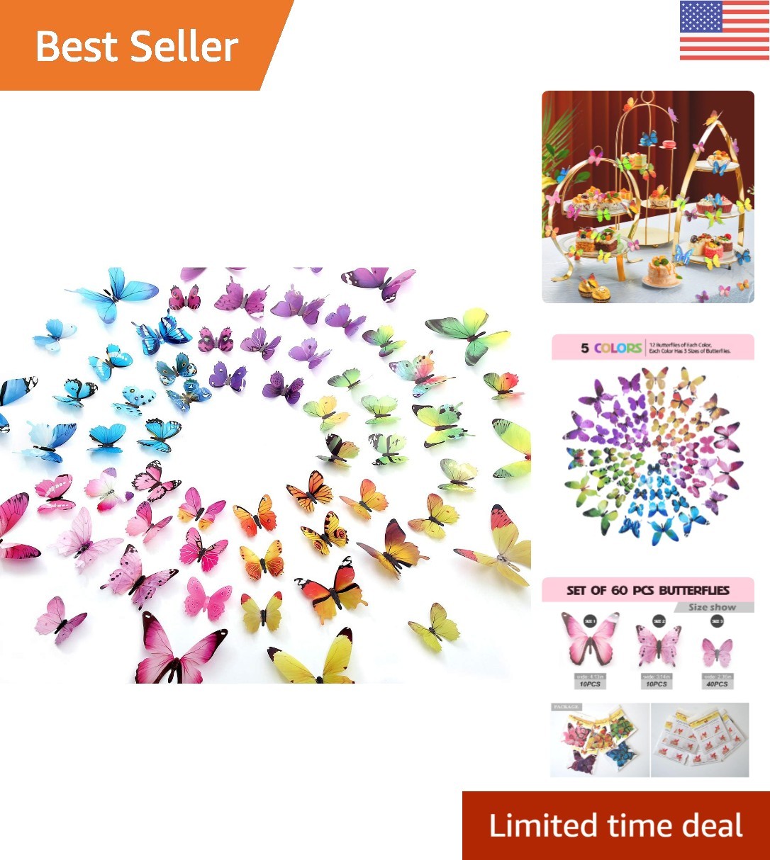 60 Pcs 3D Colorful Butterfly Wall Stickers – Removable & Waterproof Decor