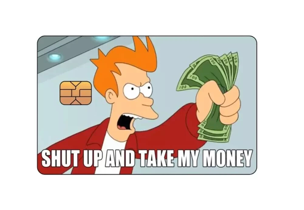 Funny "Take My Money" Meme Sticker (2-Pack) | Fry Credit Card Skin Sticker