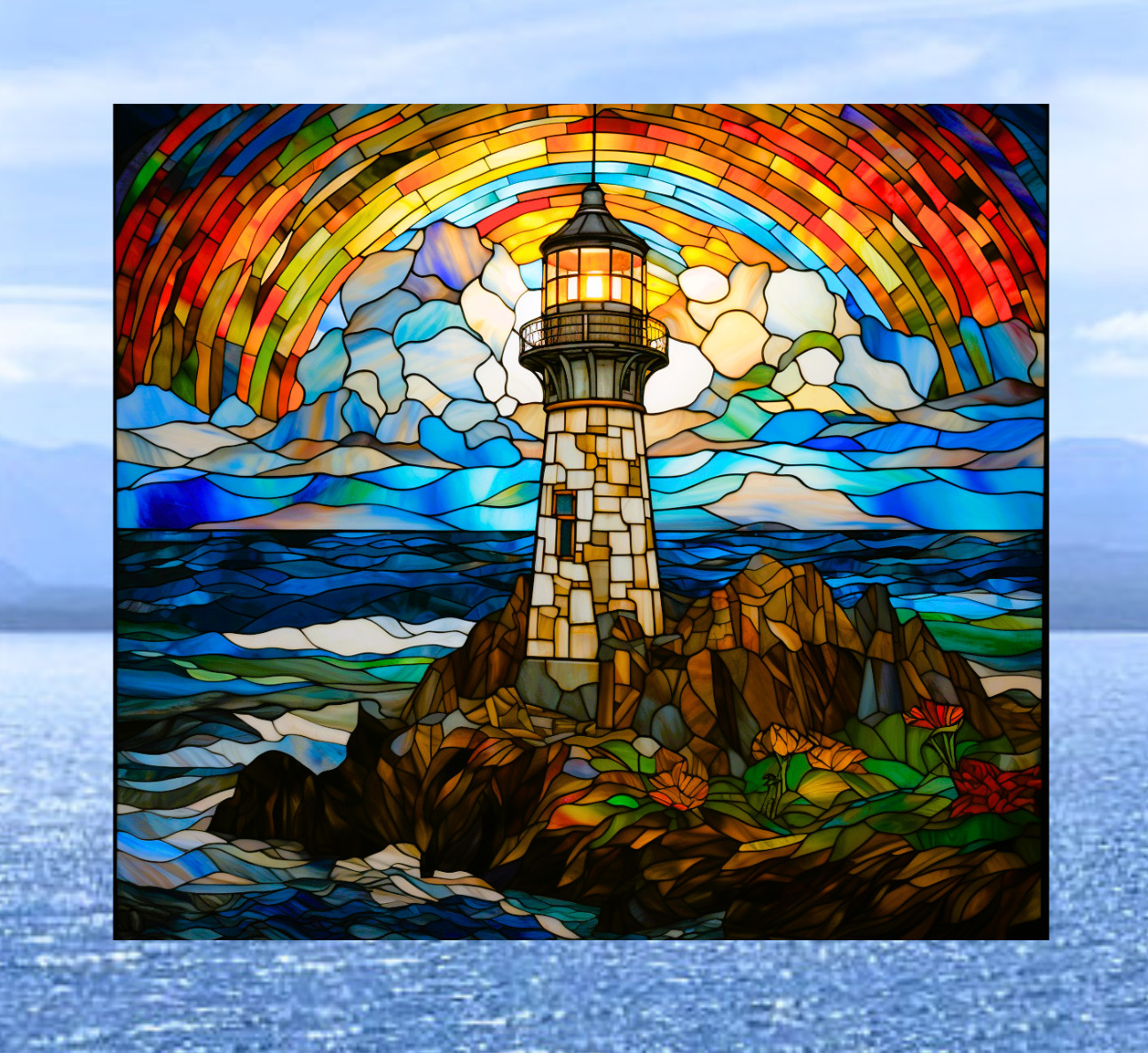 Lighthouse Faux Stained-Glass WINDOW CLING Size 9.1" Repositionable Vinyl
