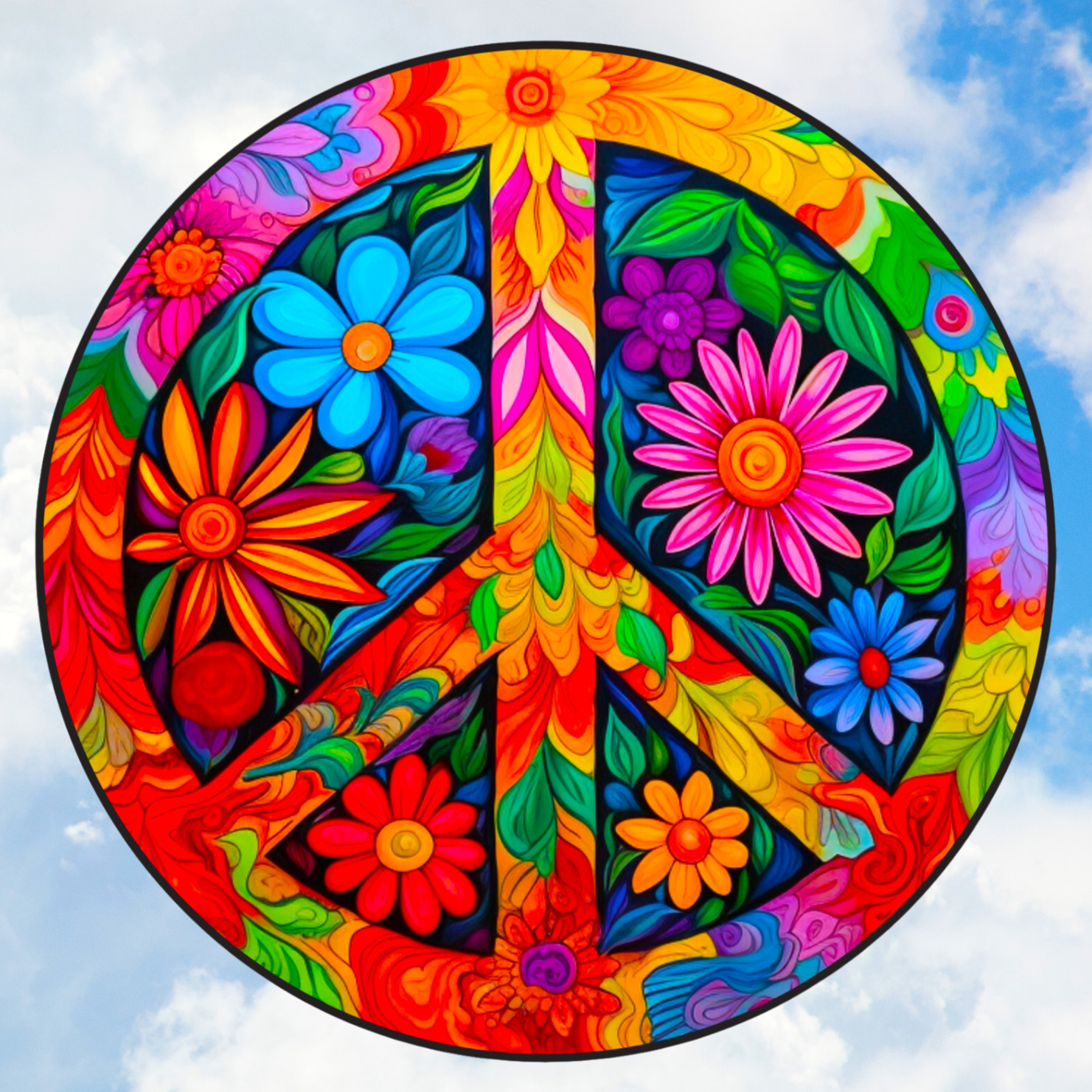 Peace Sign with Hippie Flowers WINDOW CLING Sun-catcher Size 8" Round Vinyl
