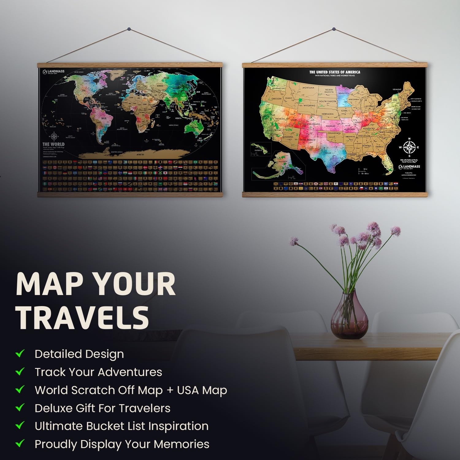 Landmass Scratch Off World Map Poster, Bonus USA Map Included, Track Your Tra…