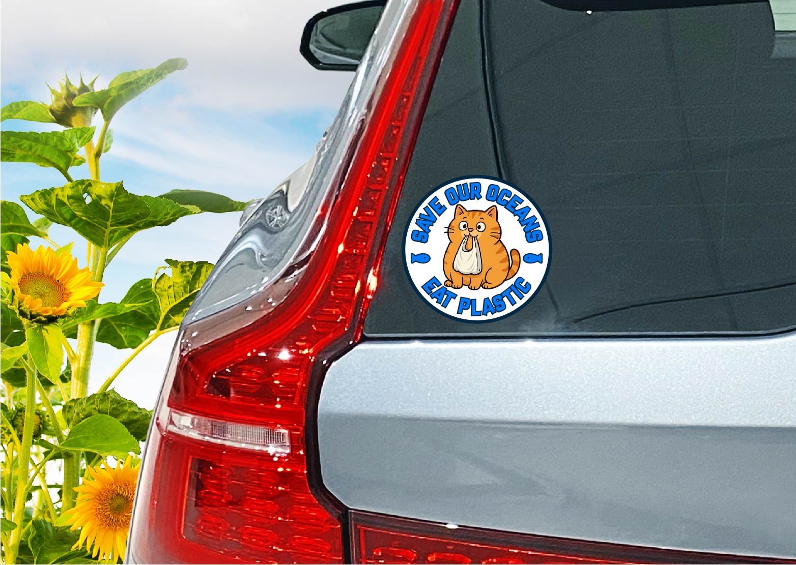 Save Our Oceans Eat Plastic Orange Cat Decal Sticker Think Green Bag Brain Cell