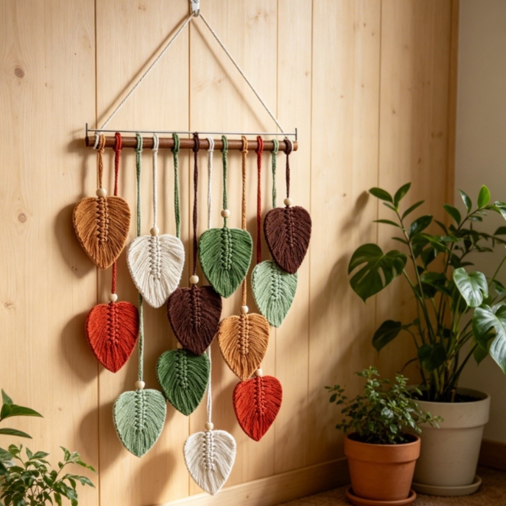 Bohemian Leaf Tapestry Woven Cotton Rustic Wall Hanging 83x45cm Natural Look