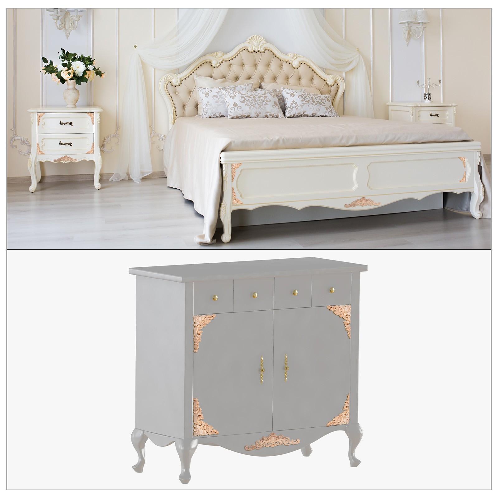 4pcs Rose Shape Wood Appliques for Furniture, 10.5cm Length